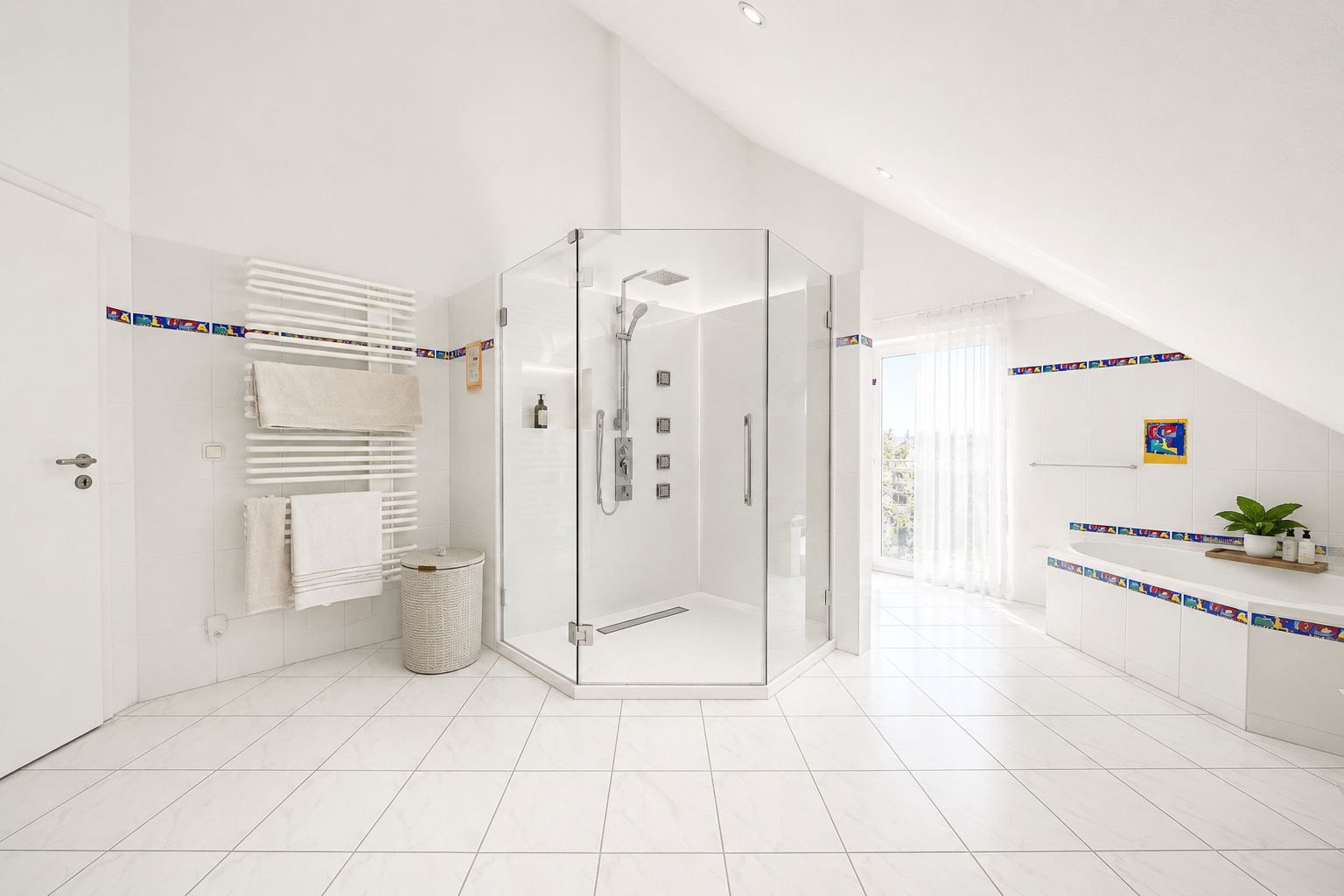 Modernes, helles Badezimmer mit Dusche, Handtuchheizung, Fenster und weißen Fliesen.