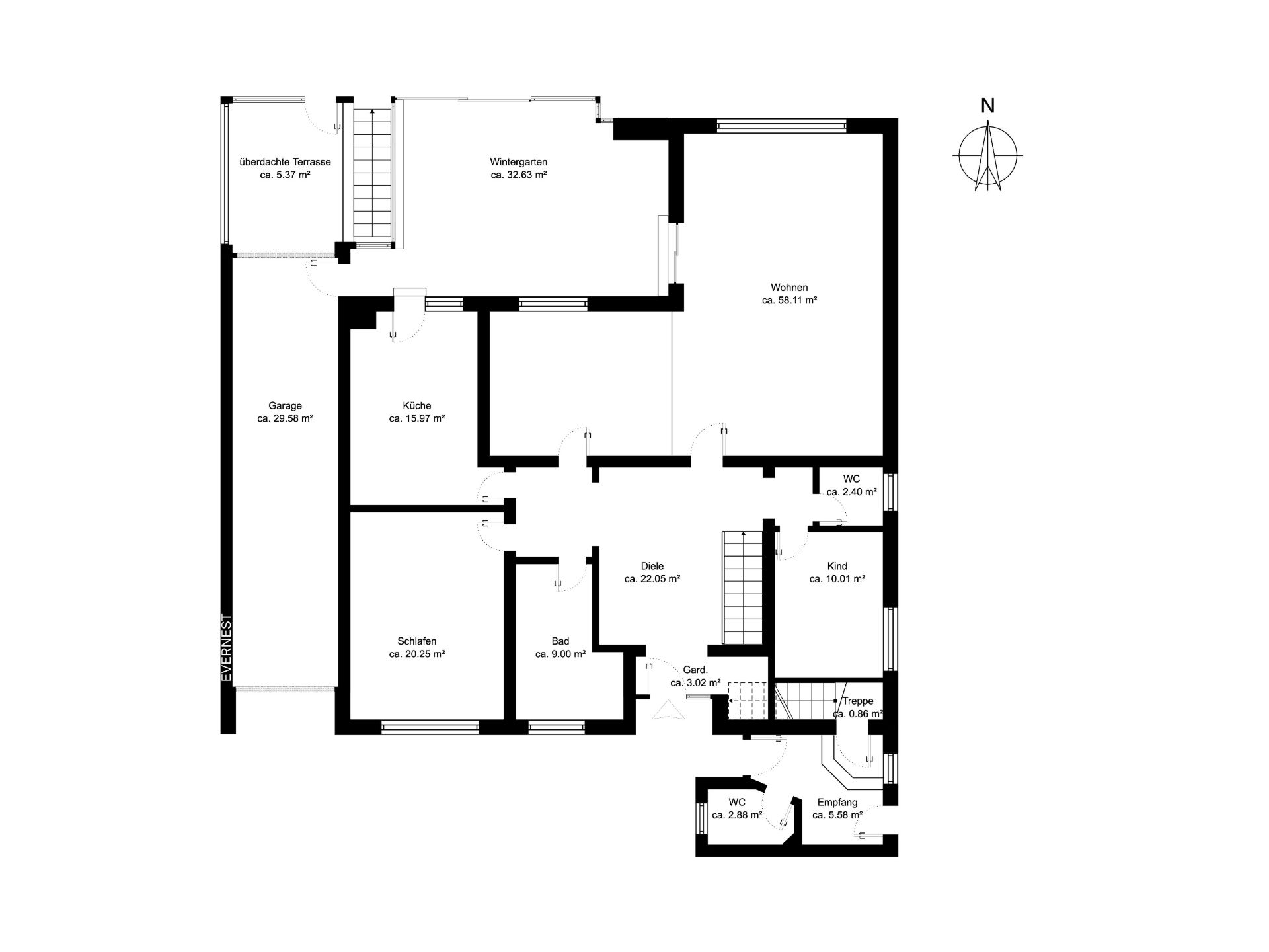 Grundriss eines Wohnhauses mit Garage, Terrasse, Wohnzimmer, Küche, Schlafzimmer und mehreren weiteren Räumen.