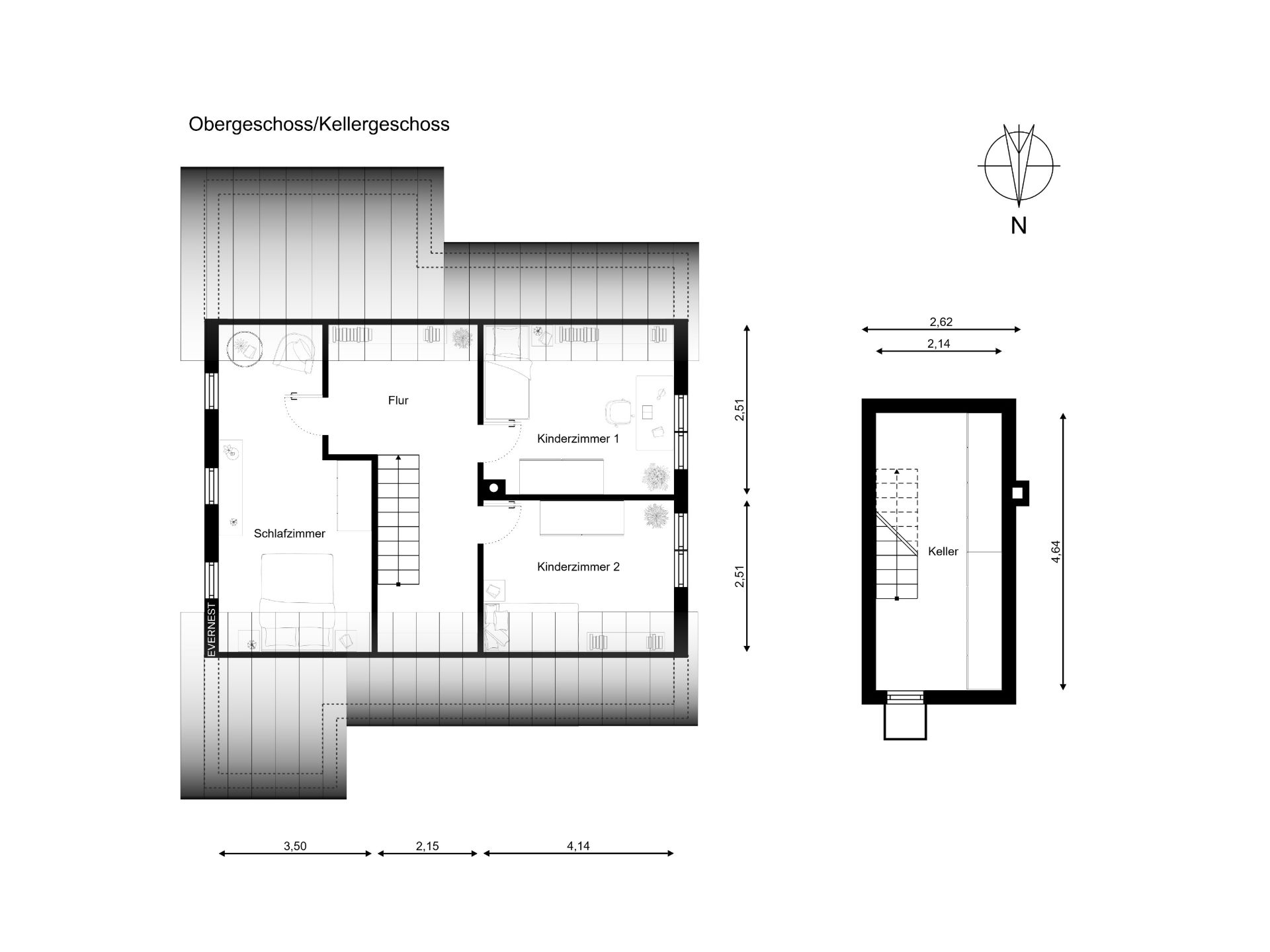 Grundriss mit Schlafzimmer, zwei Kinderzimmern, Flur und Kellerraum.