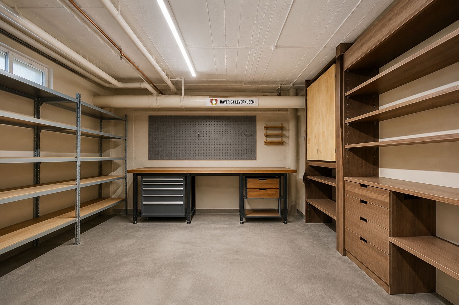 Kellerraum mit Werkbank, Regalen aus Metall und Holz sowie Stauraum.