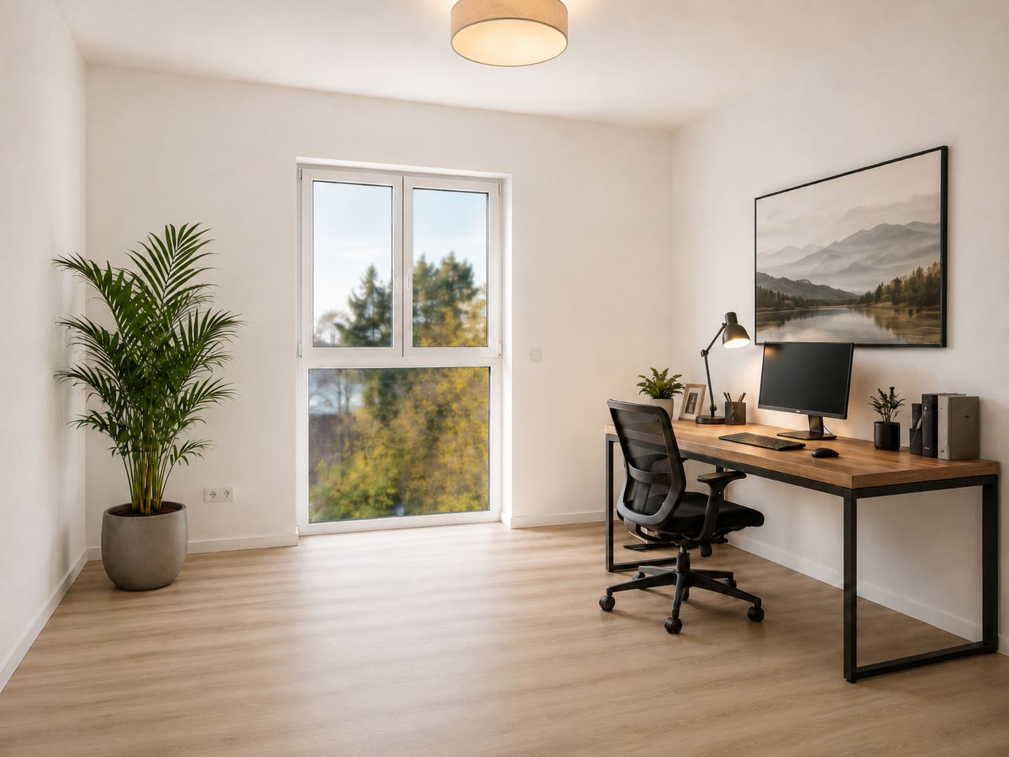 Helles Arbeitszimmer mit Schreibtisch, Bürostuhl, Monitor, Pflanze und großem Fenster.