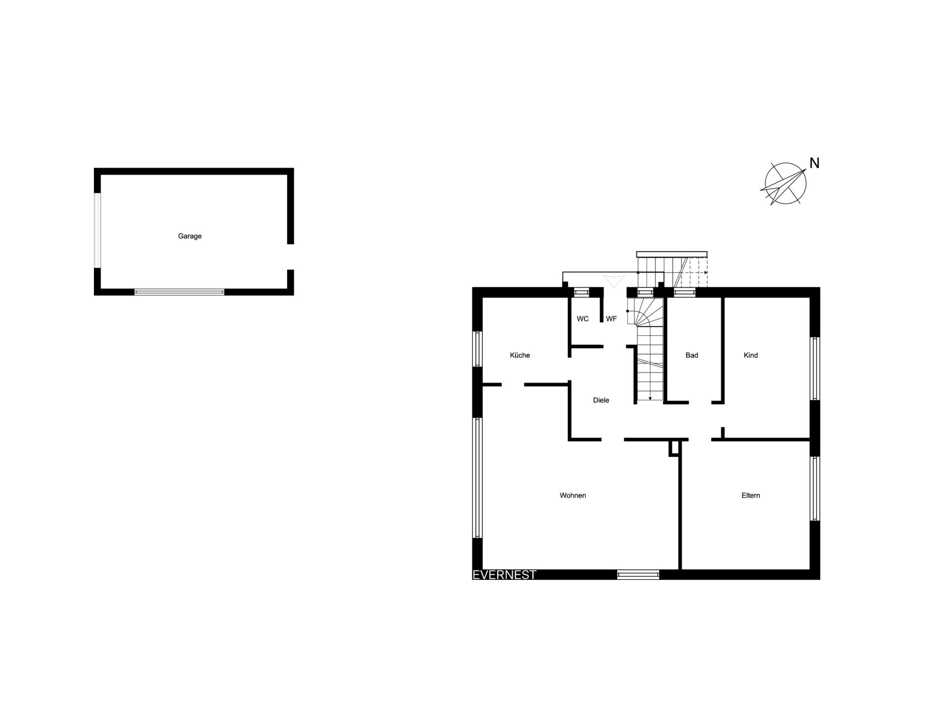 Grundriss eines Wohnhauses mit separater Garage, mehreren Zimmern und markierter Küche.