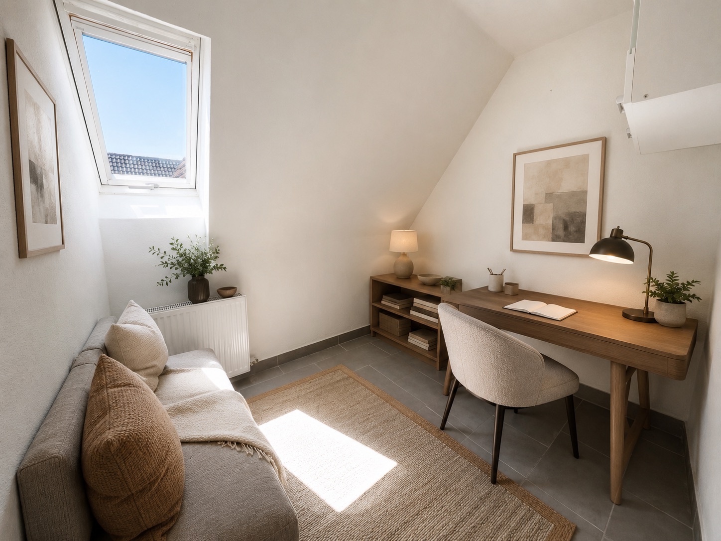 Helles Arbeitszimmer mit Schreibtisch, Stuhl, Sofa, Teppich und großem Fenster.