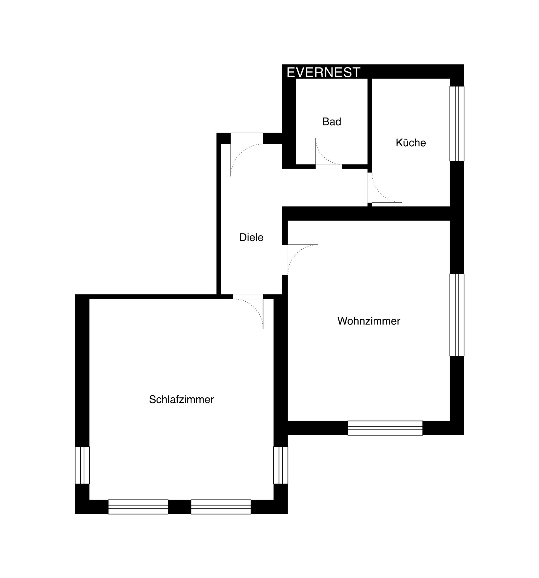 Grundriss mit Schlafzimmer, Wohnzimmer, Küche, Bad und Diele.