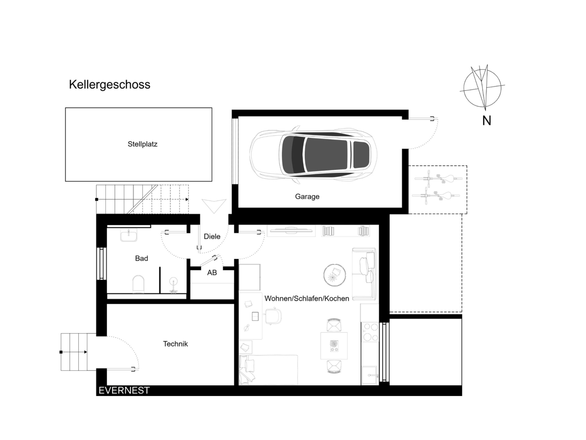 Grundriss eines Kellers mit Garage, Wohnbereich, Bad, Technikraum und Stellplatz.