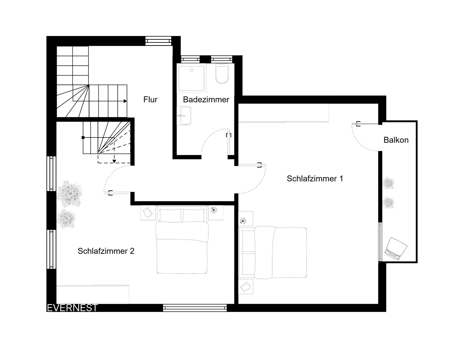 Grundriss mit zwei Schlafzimmern, Bad, Flur und Balkon.
