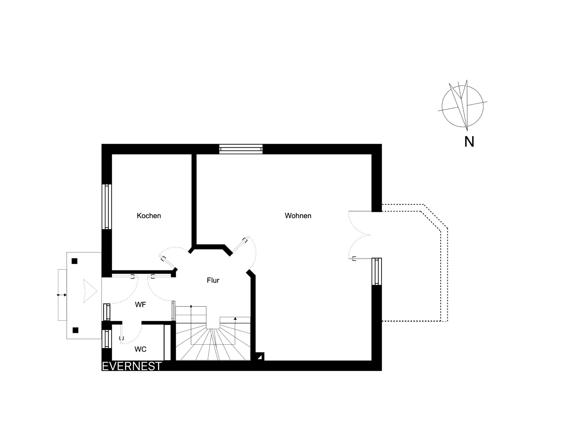 Grundriss mit Küche, Wohnzimmer, WC, Flur und Wirtschaftsraum.