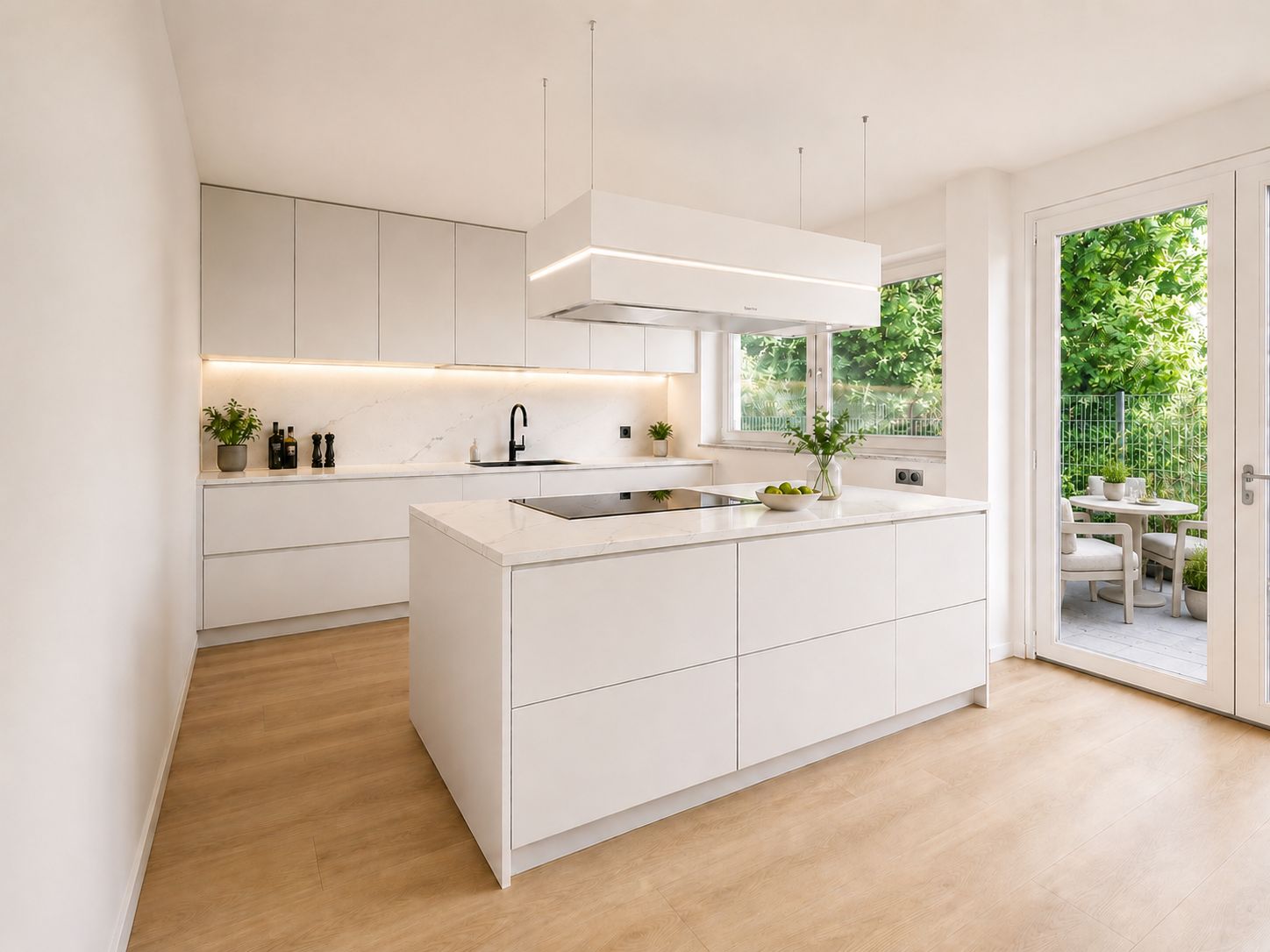 Moderne, helle Küche mit Kochinsel und Zugang zur Terrasse mit Gartenmöbeln.