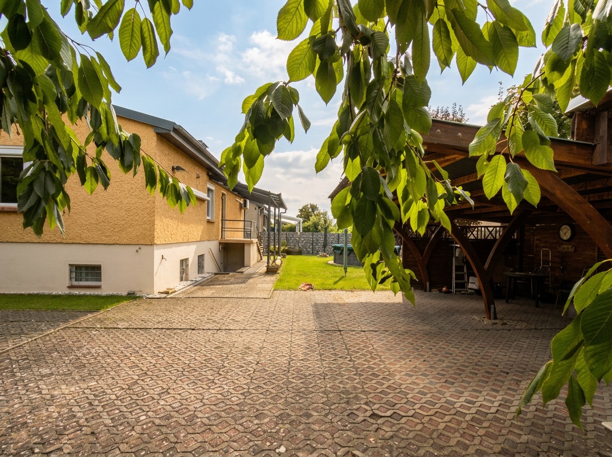 Hof mit gepflastertem Boden, links ein Wohnhaus, rechts eine überdachte Terrasse, im Vordergrund Blätter.
