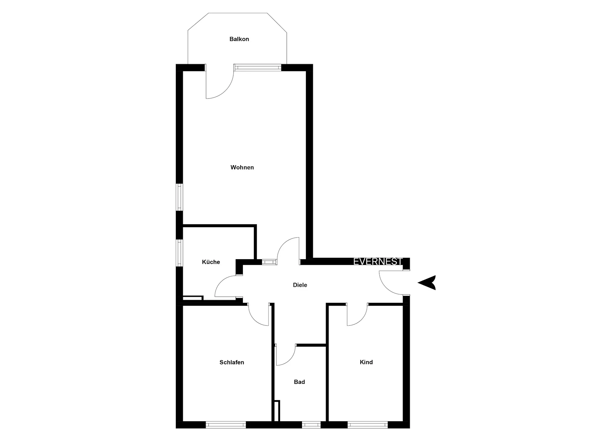 Grundriss einer Wohnung mit Wohnzimmer, Schlafzimmer, Kinderzimmer, Küche, Bad, Diele und Balkon.