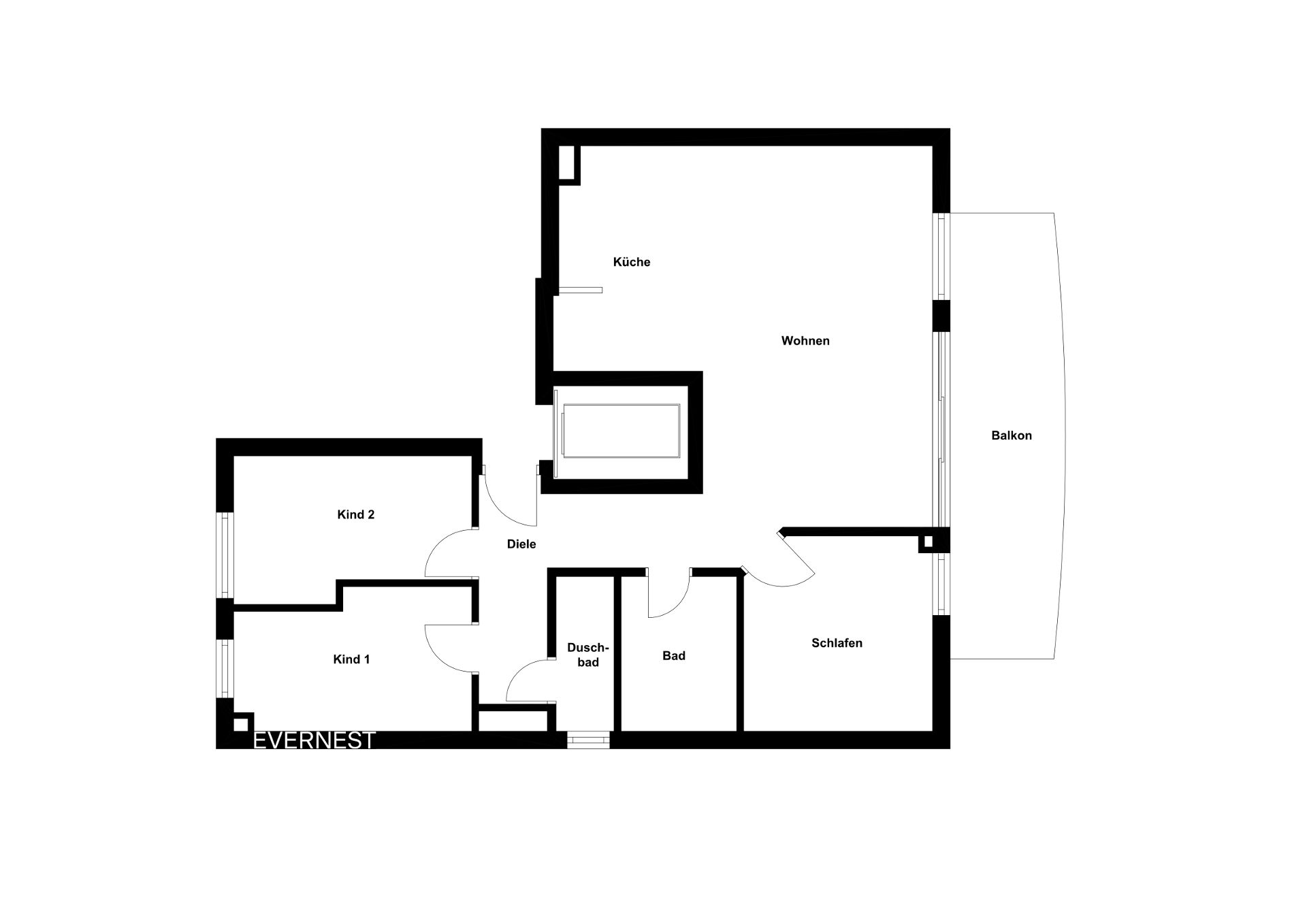 Grundriss einer Wohnung mit Wohnzimmer, Küche, Schlafzimmer, zwei Kinderzimmern, Bad und Balkon.