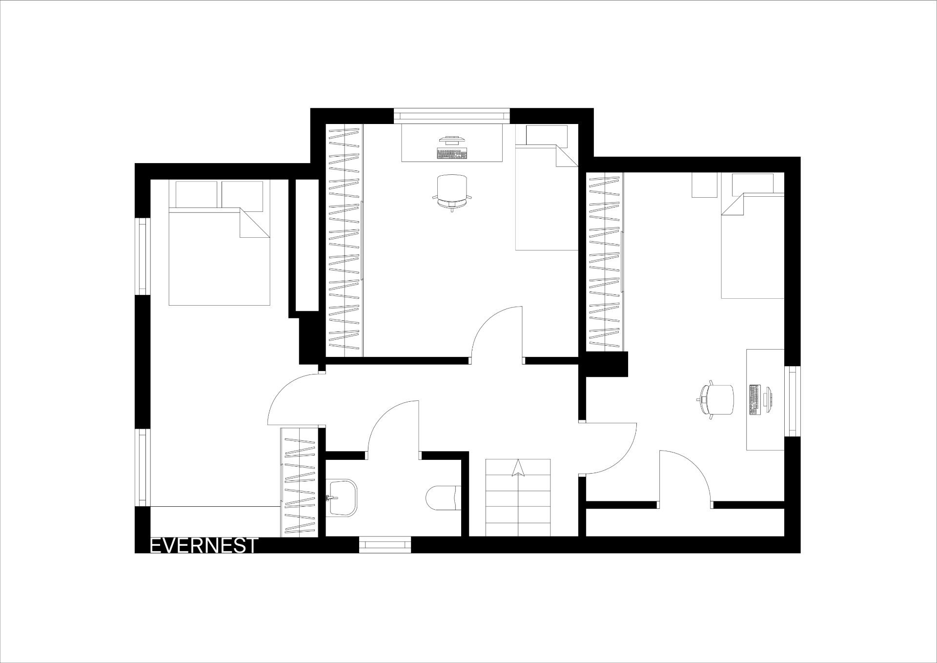Schwarz-weißer Grundriss einer Wohnung mit mehreren Zimmern, Betten und Schreibtischen.