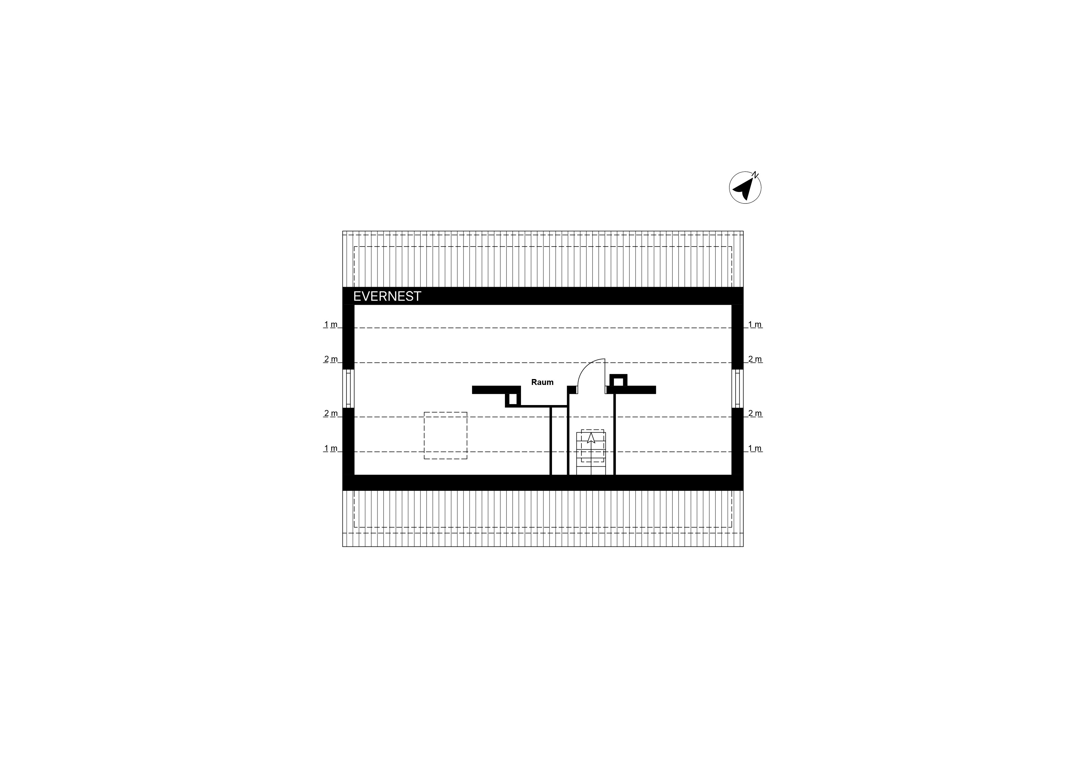 Grundriss eines Dachgeschosses mit markiertem Raum und Treppe.