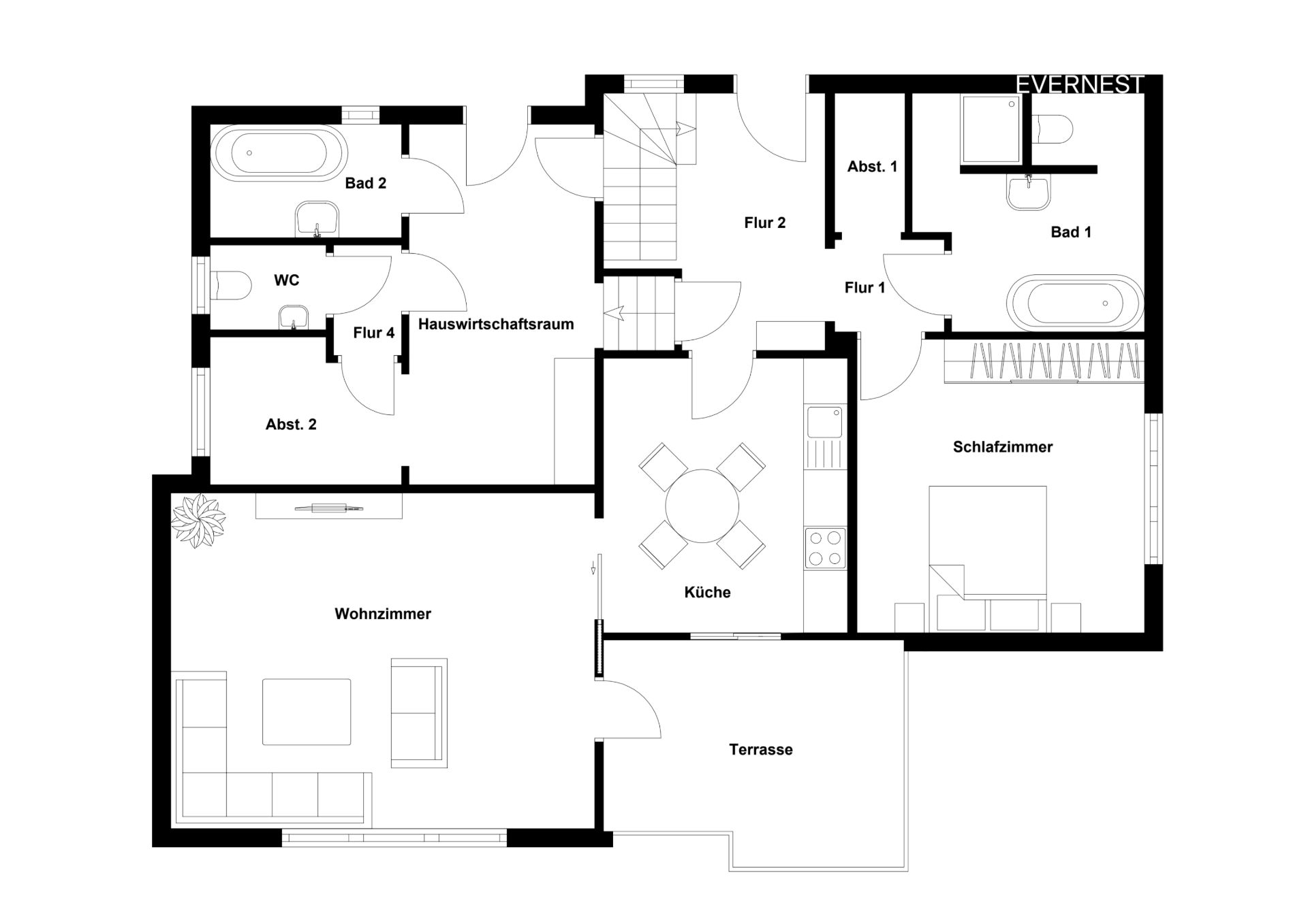Grundriss einer Wohnung mit Wohnzimmer, Schlafzimmer, Küche, zwei Bädern und Terrasse.
