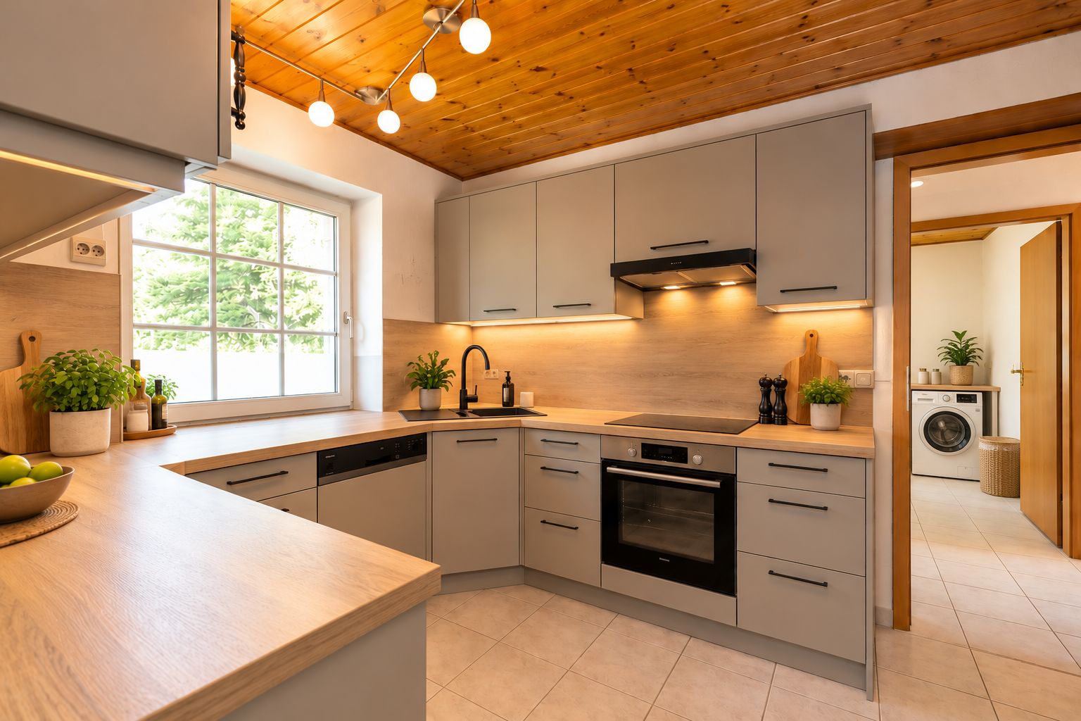 Moderne Küche mit grauen Schränken, Holzdecke und Blick auf Hauswirtschaftsraum mit Waschmaschine.