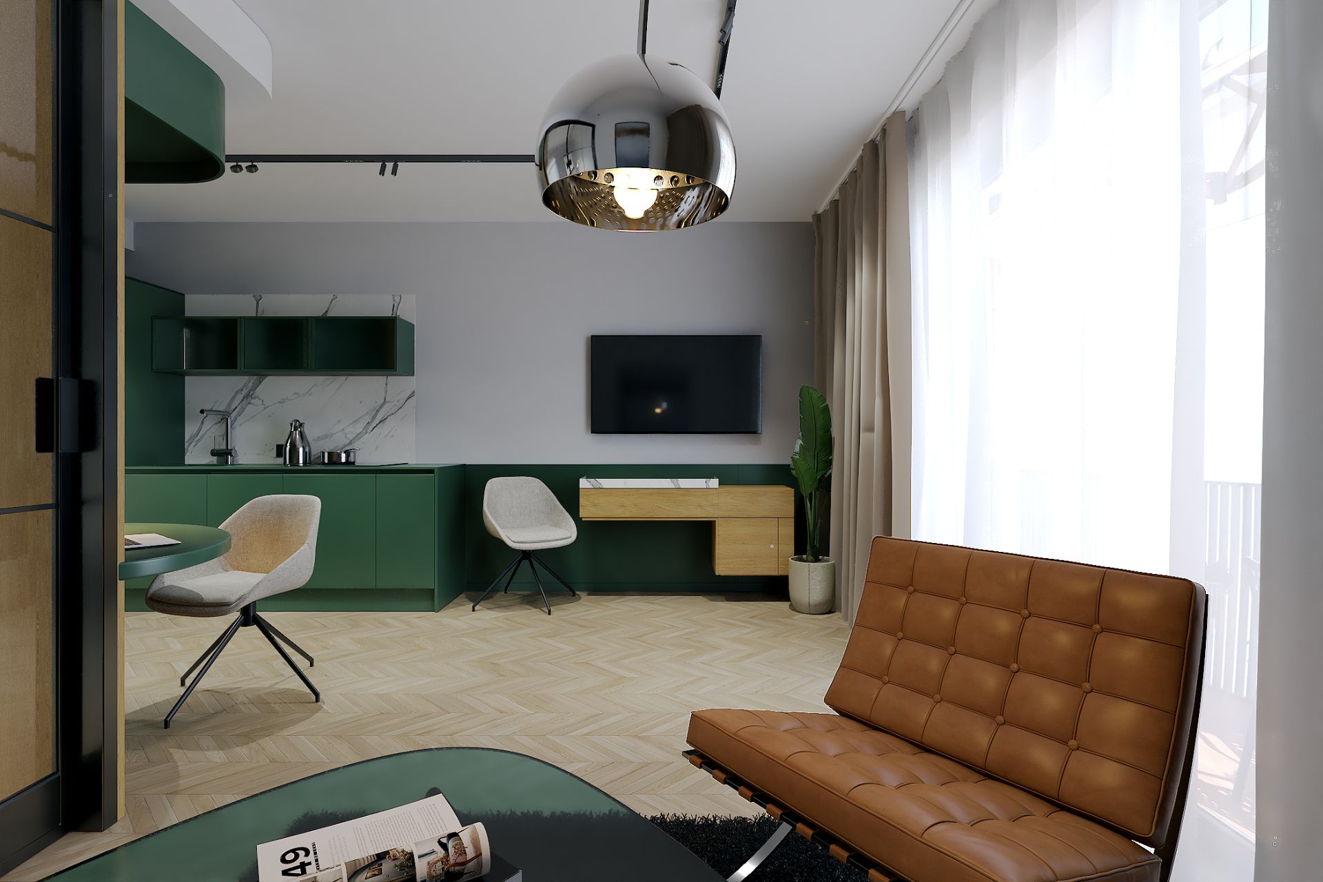 Modernes Wohnzimmer mit braunem Sofa, grünem Küchenschrank und großem Fenster mit Vorhängen.