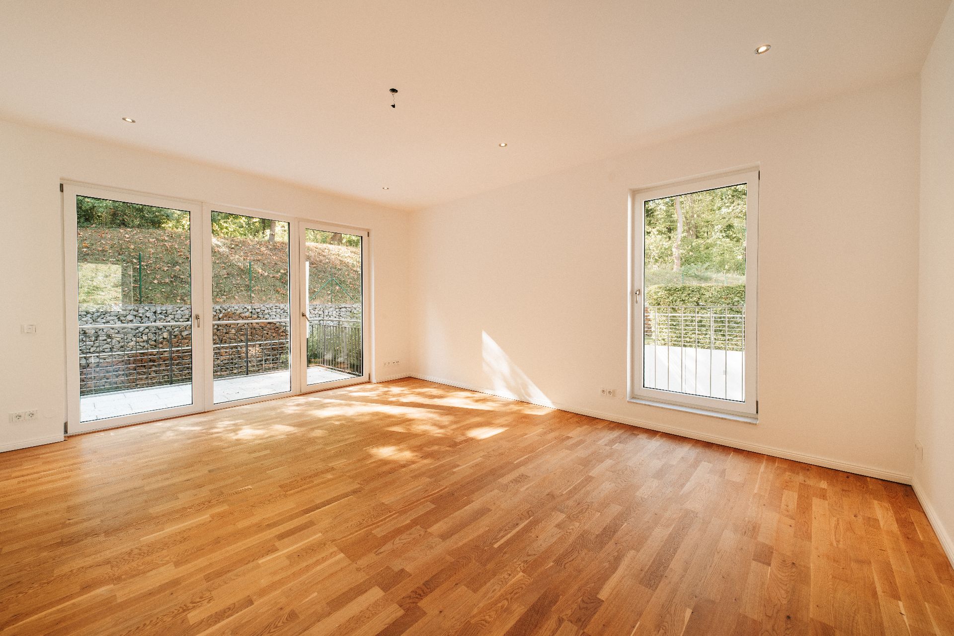 Heller leerer Raum mit Holzfußboden, großen Fenstern und Tür zum Balkon, Blick ins Grüne.