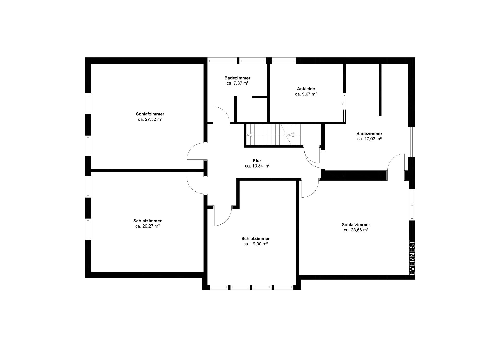 Grundriss mit vier Schlafzimmern, zwei Badezimmern, Ankleidezimmer und Flur.