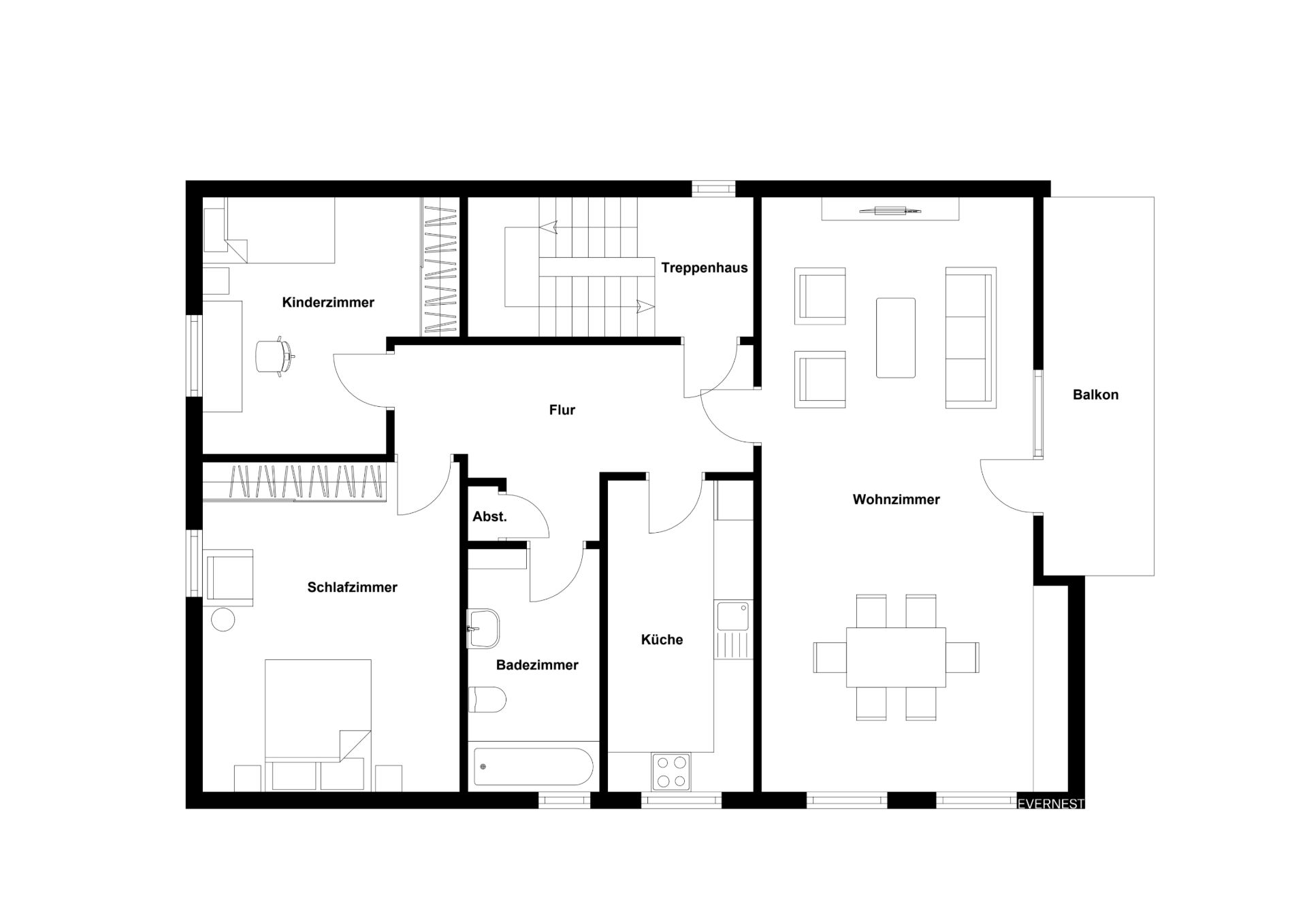 Grundriss einer Wohnung mit Wohnzimmer, Schlafzimmer, Kinderzimmer, Küche, Bad und Balkon.