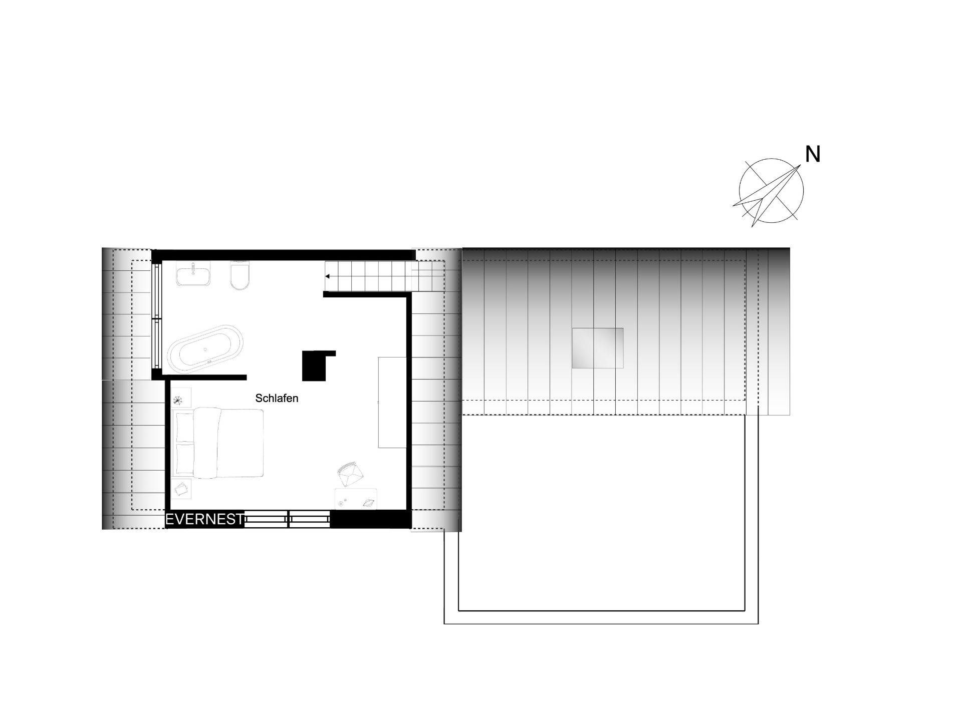 Grundriss mit Schlafzimmer, Badewanne und Bett, Zimmer als Schlafen beschriftet.