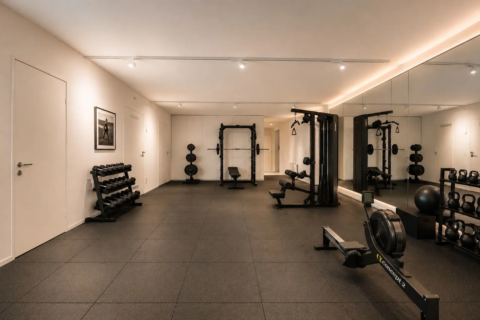 Heller Fitnessraum mit Hanteln, Fitnessgeräten, Spiegelwand und Rudergerät.