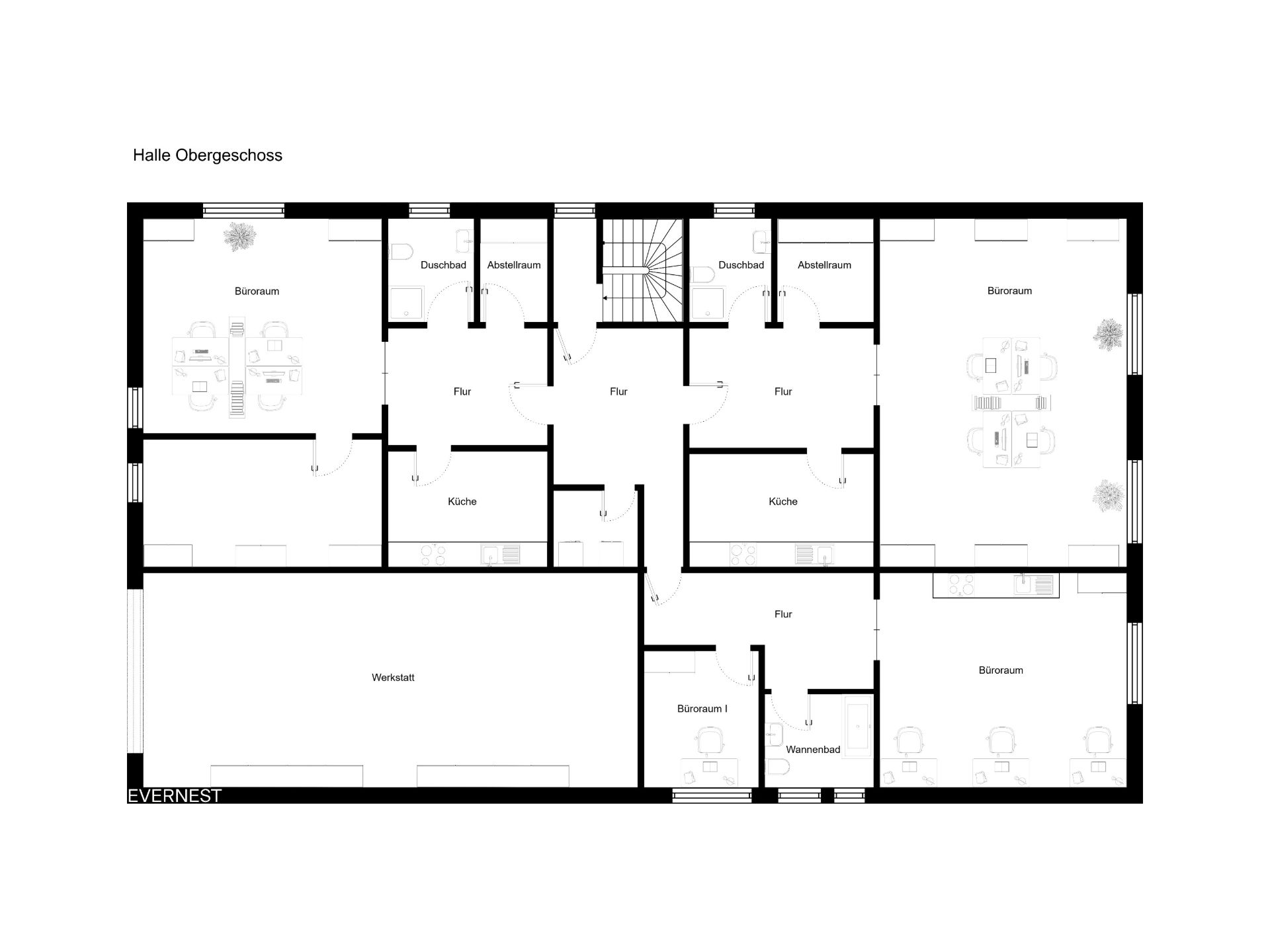 Grundriss mit Büroräumen, Küchen, Werkstatt, Abstellräumen, Duschen und Fluren.