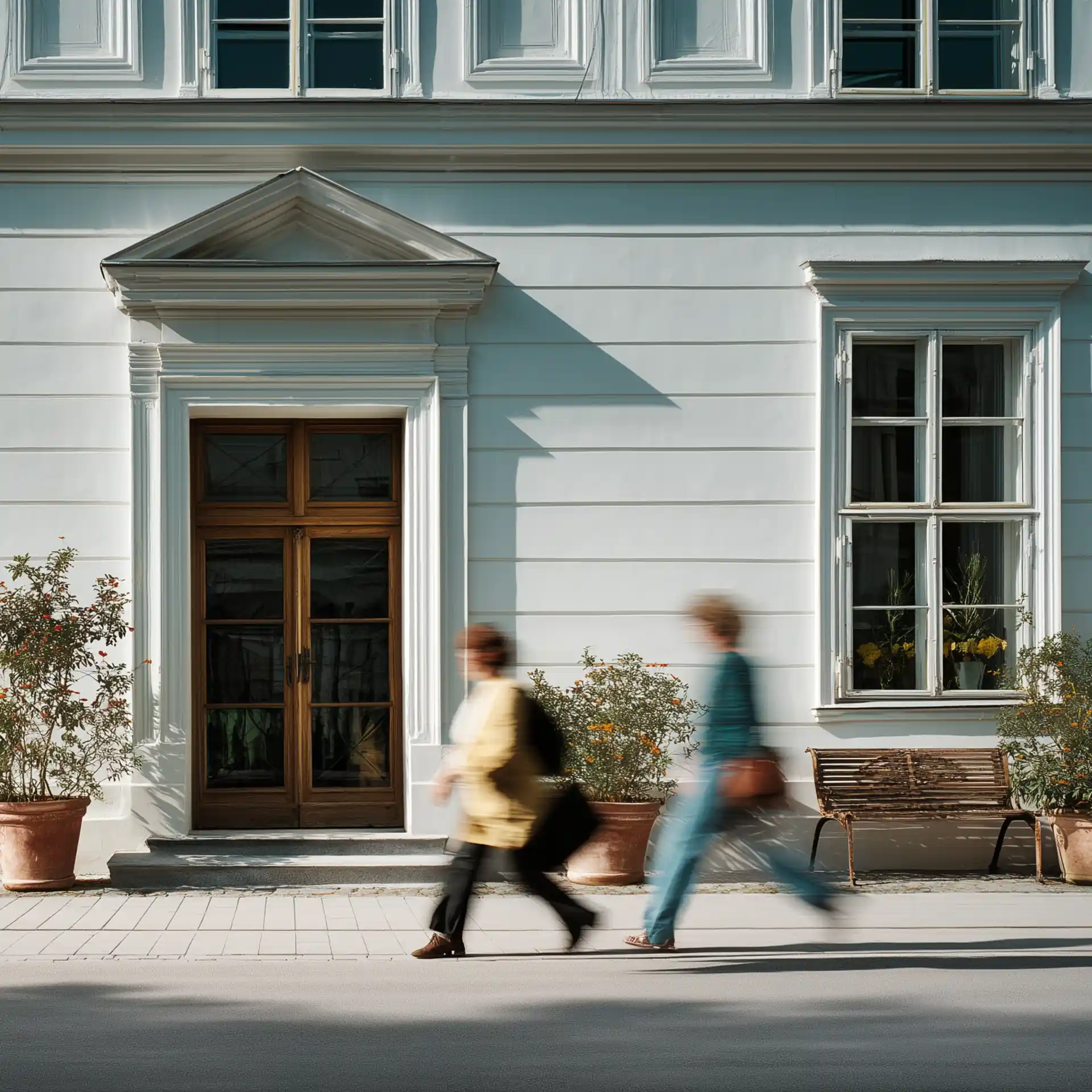 Zwei Personen gehen an einem Haus mit Holztür, großen Fenstern und Bank im Vorgarten vorbei.
