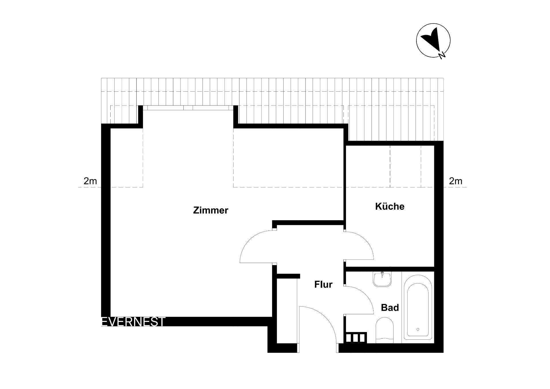 Grundriss mit Zimmer, Küche, Flur und Bad, Räume klar beschriftet.