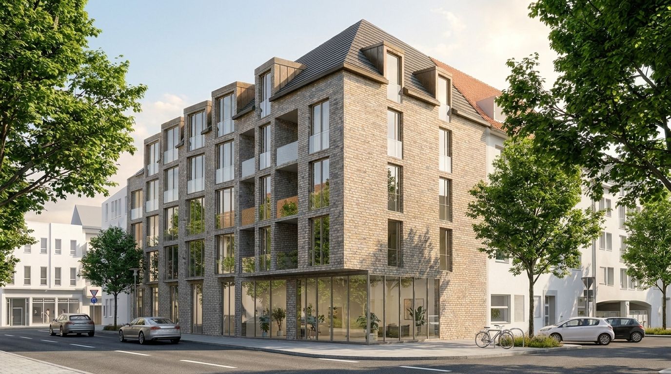 Modernes mehrstöckiges Wohngebäude mit großen Fenstern an einer Straßenecke, umgeben von Bäumen und Autos.