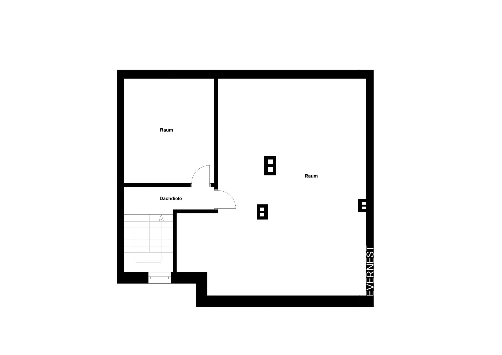 Grundriss mit zwei Räumen und einer Dachluke, Treppe unten links.