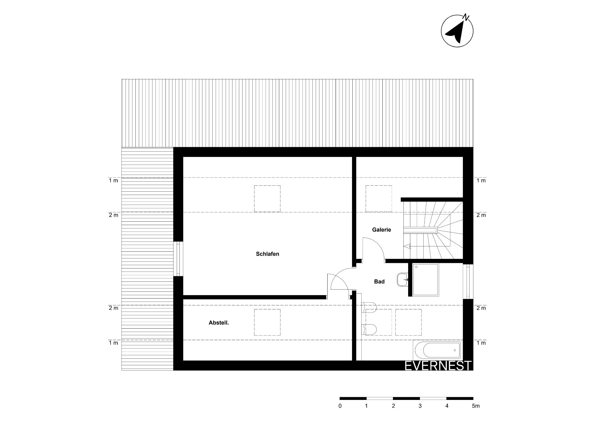 Grundriss mit Schlafraum, Galerie, Bad, Abstellraum und Treppe.