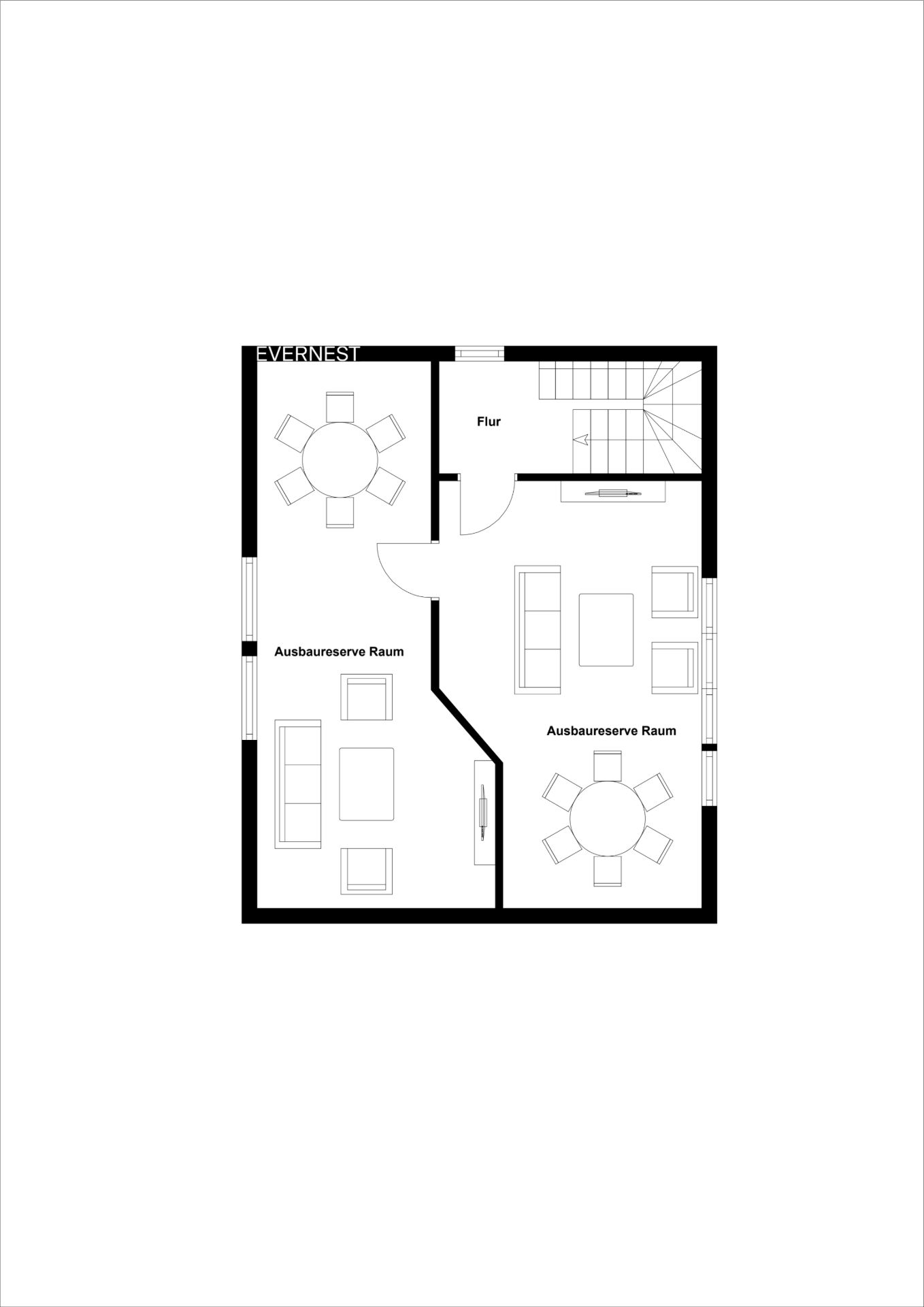 Grundriss eines Wohnbereichs mit zwei Ausbauräumen, Sitzgruppen und einem Flur mit Treppe.