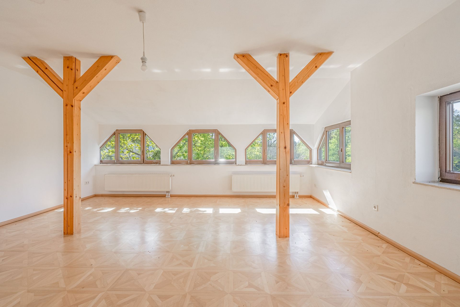 Heller leerer Raum mit Holzstützen, Parkettboden und vielen Fenstern mit Blick ins Grüne.