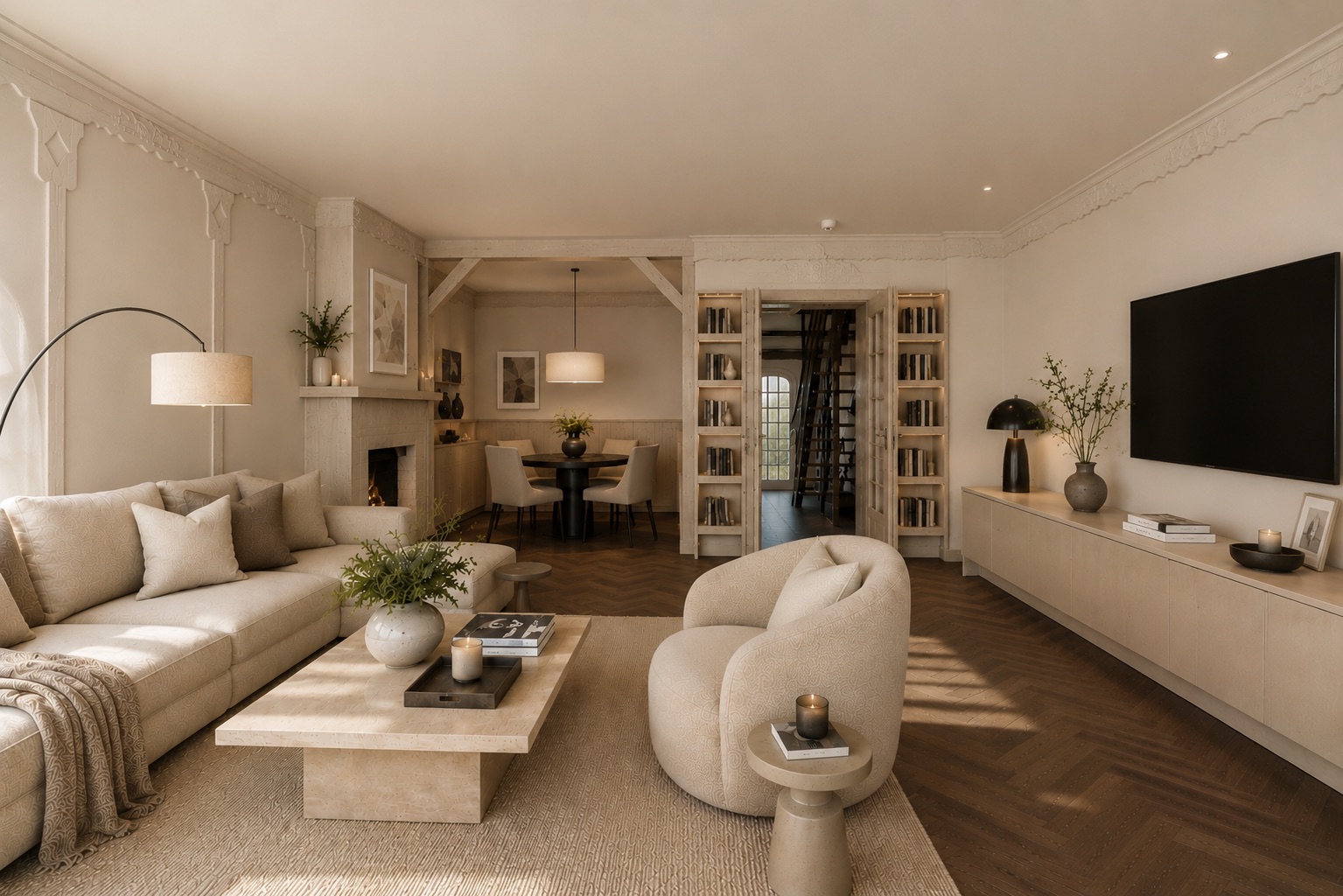 Helles Wohnzimmer mit Sofa, Sessel, Couchtisch und großem Fernseher an der Wand.