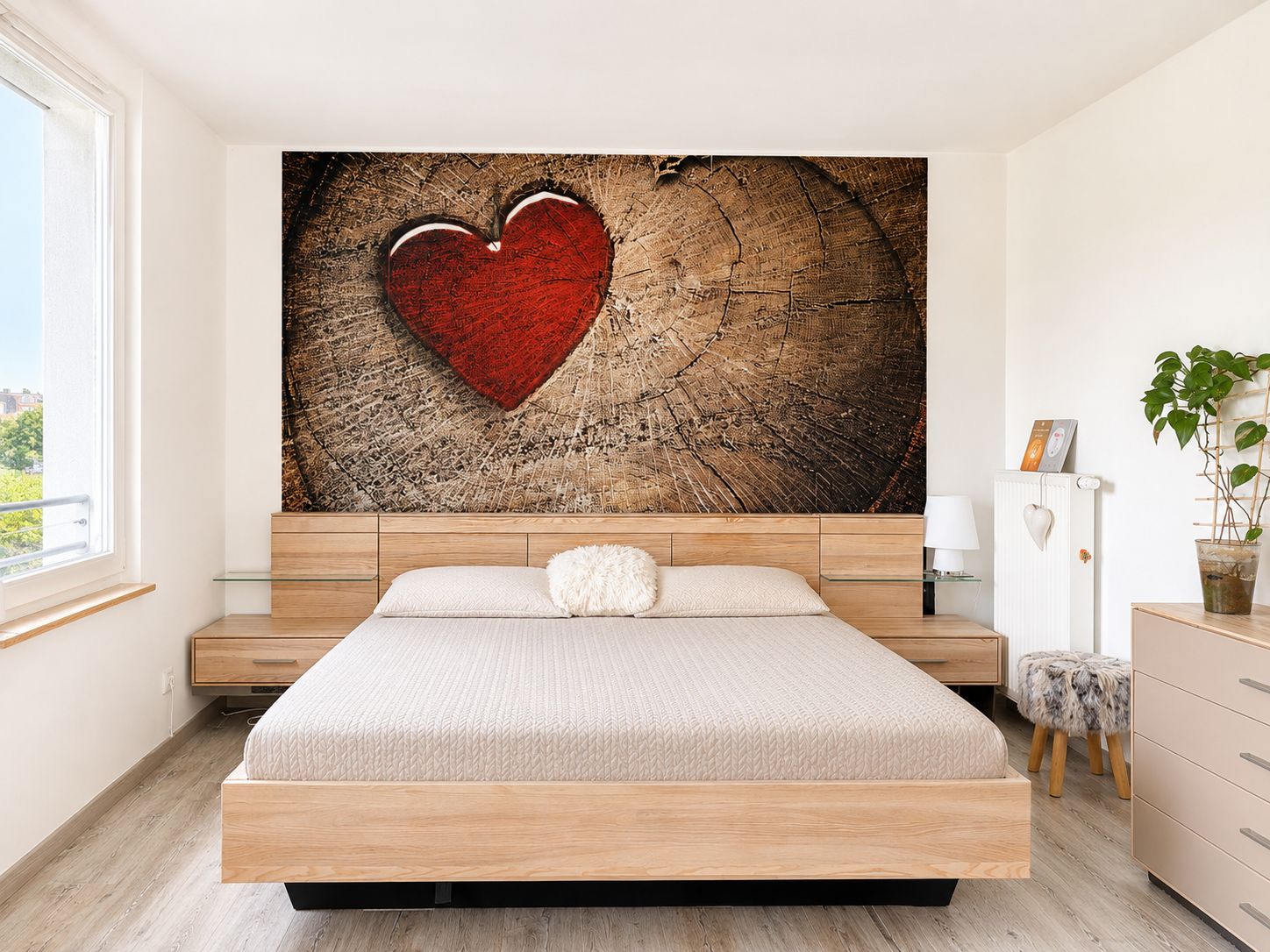 Schlafzimmer mit großem Bett, Pflanzen, und einem Wandbild mit rotem Herz auf Holz.