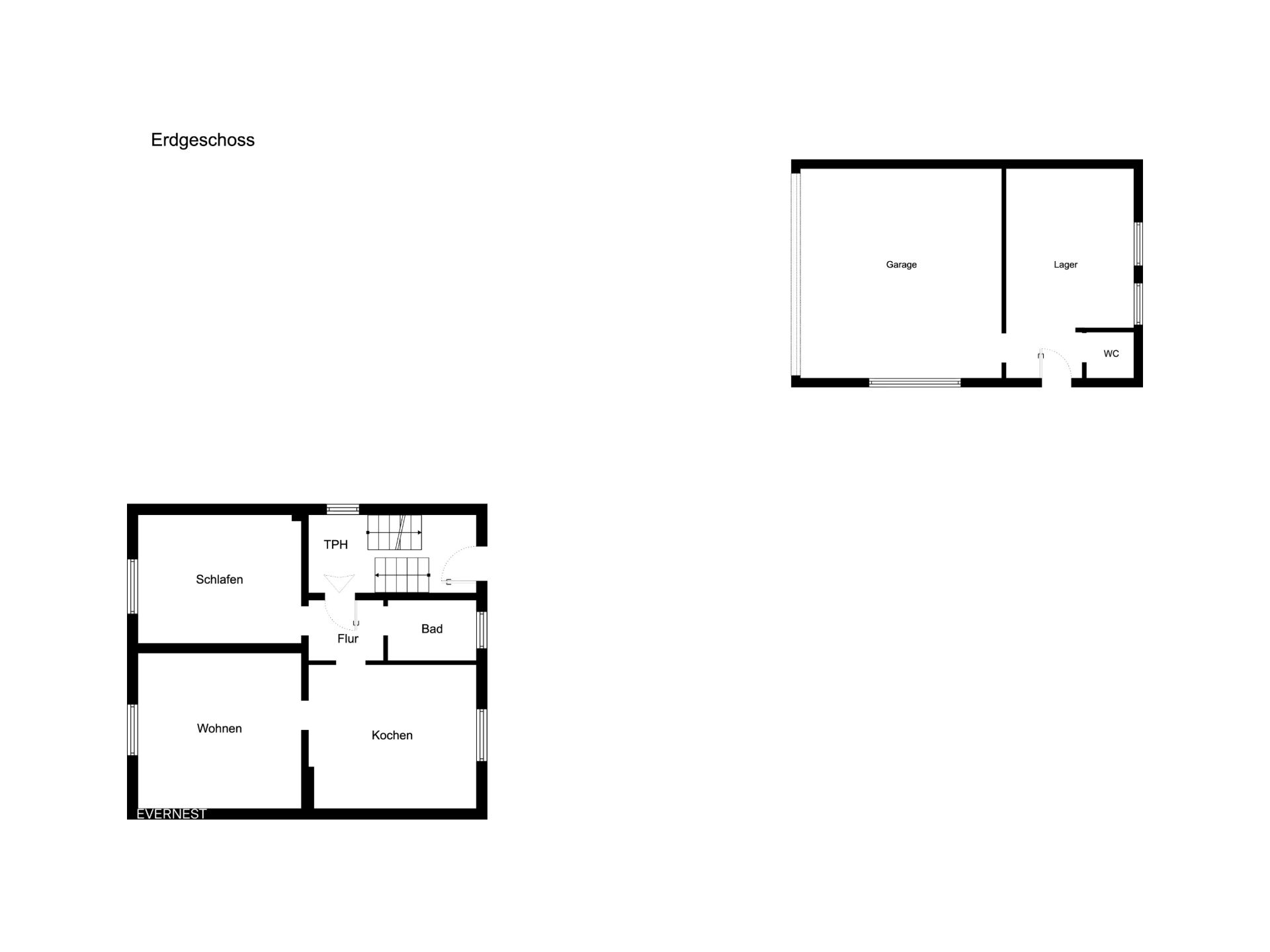 Grundriss des Erdgeschosses mit Schlafzimmer, Wohnzimmer, Küche, Bad, Flur, Garage, Lagerraum und WC.