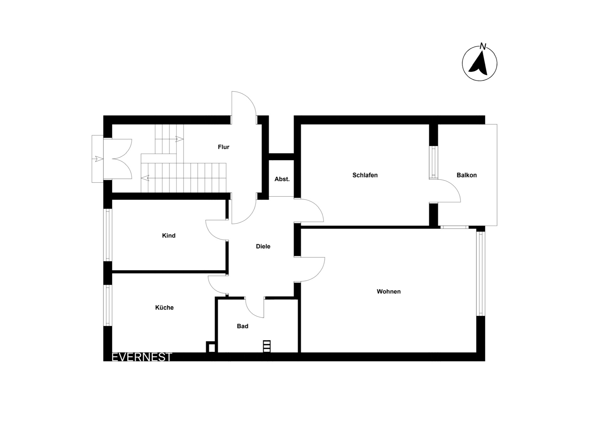Grundriss einer Wohnung mit Zimmern für Wohnen, Schlafen, Kind, Küche, Bad und Balkon.