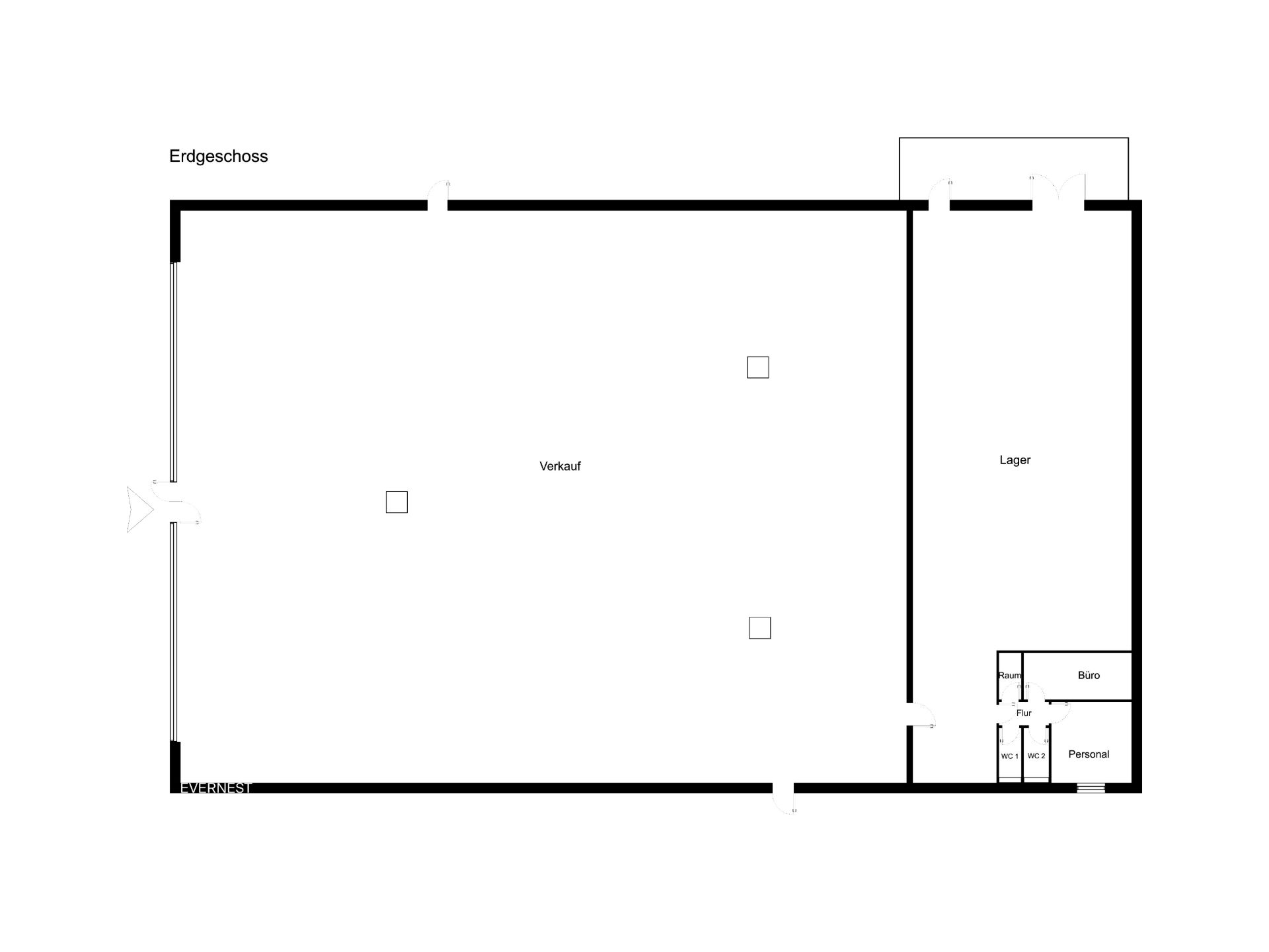 Grundriss des Erdgeschosses mit Verkaufsraum, Lager, Büro und Personalraum.