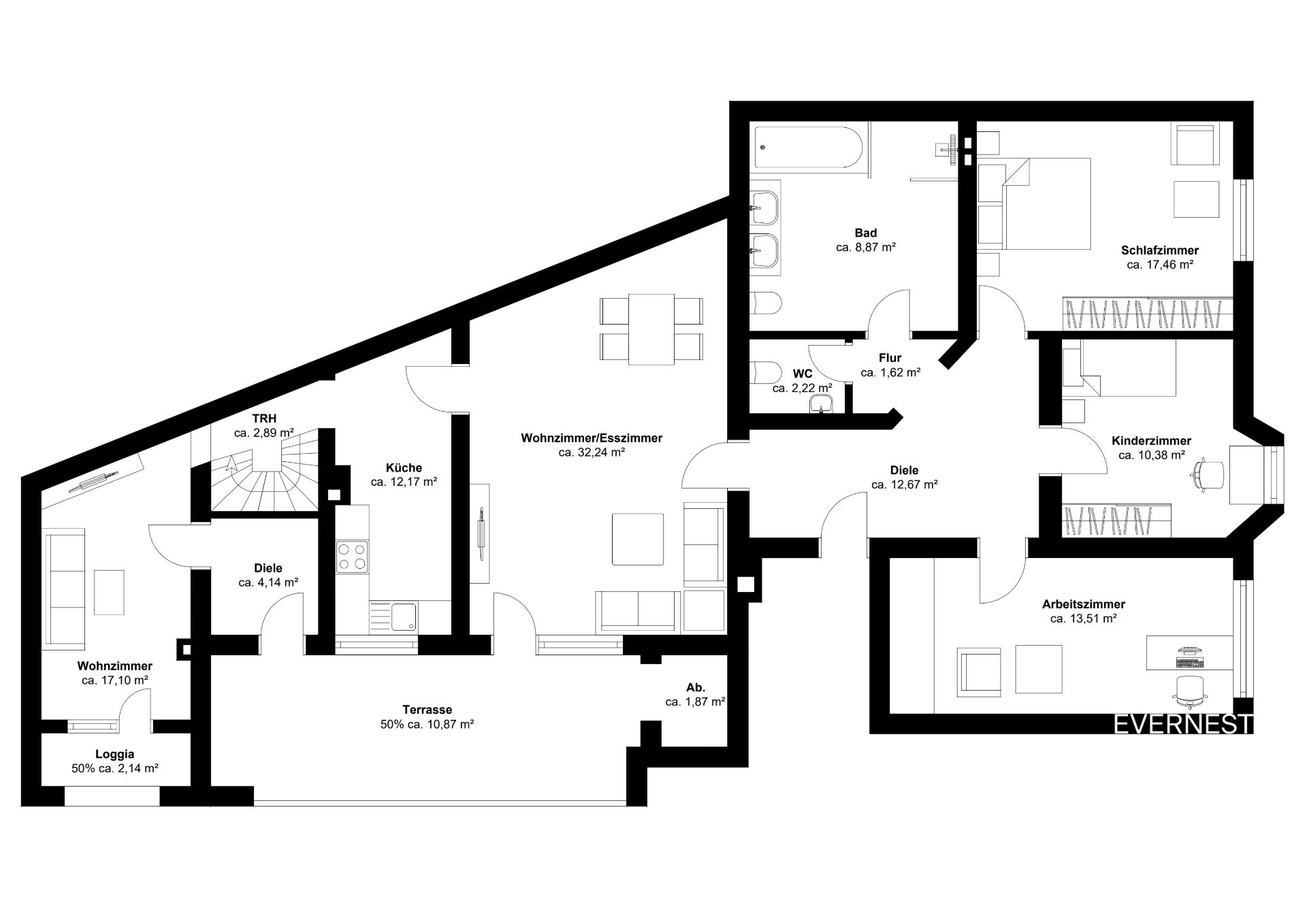 Grundriss einer Wohnung mit Wohnzimmer, Schlafzimmer, Küche, Bad, Kinderzimmer, Arbeitszimmer und Terrasse.