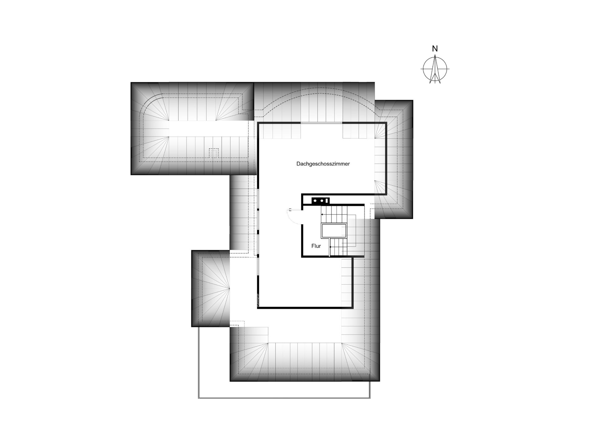 Grundriss eines Dachgeschosses mit Flur und Dachgeschosszimmer.