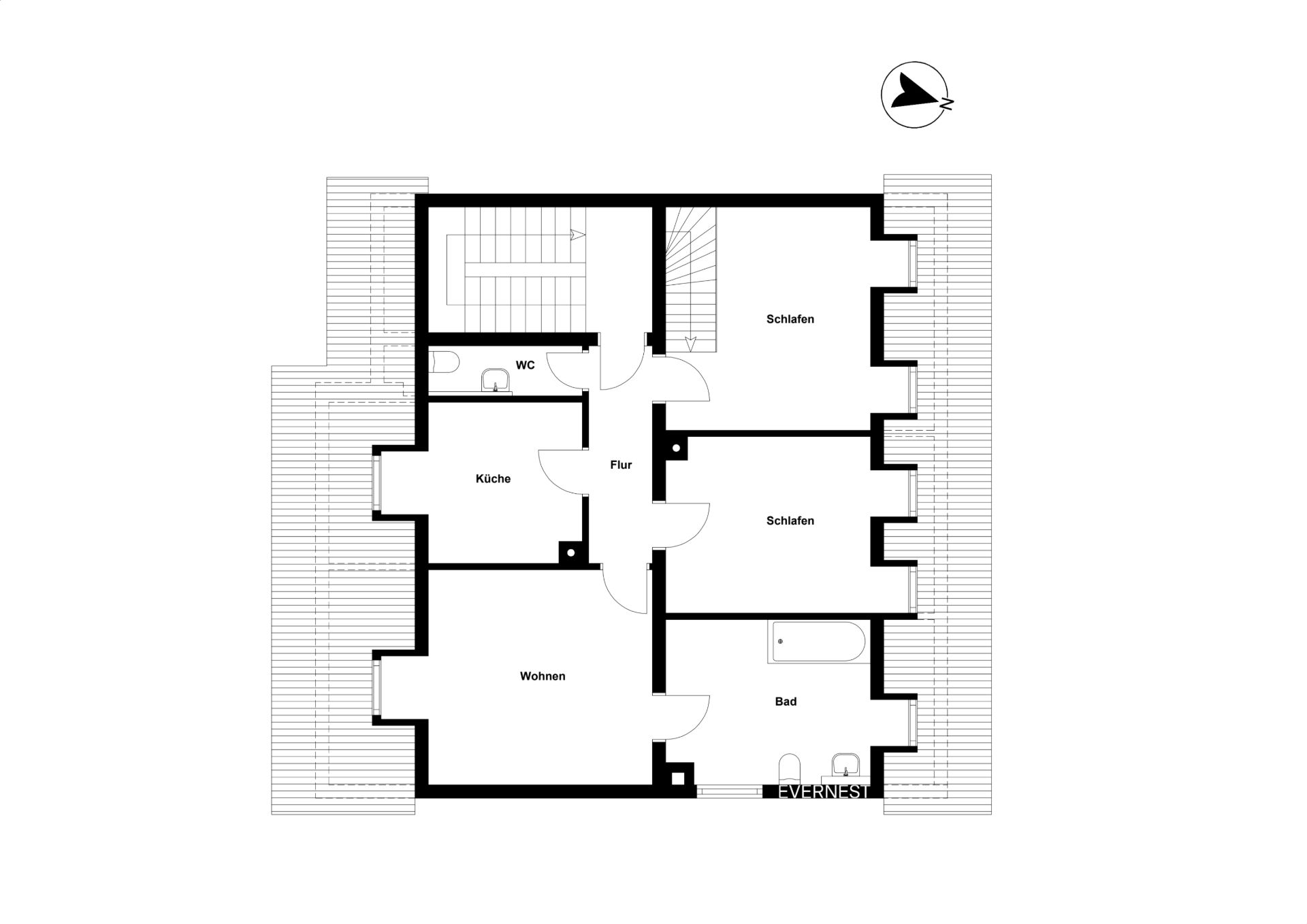Grundriss einer Wohnung mit Wohnzimmer, Küche, Bad, WC und zwei Schlafzimmern.