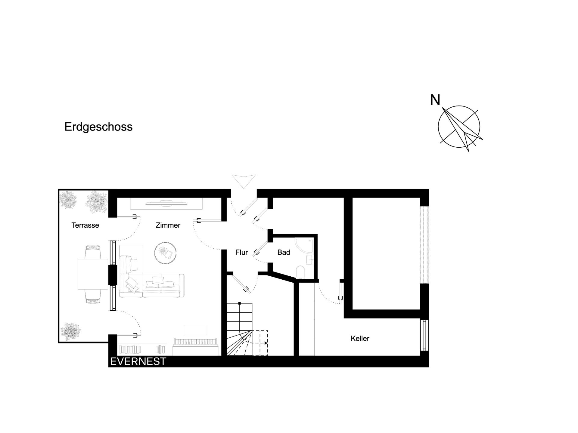 Grundriss des Erdgeschosses mit Terrasse, Zimmer, Flur, Bad und Keller.