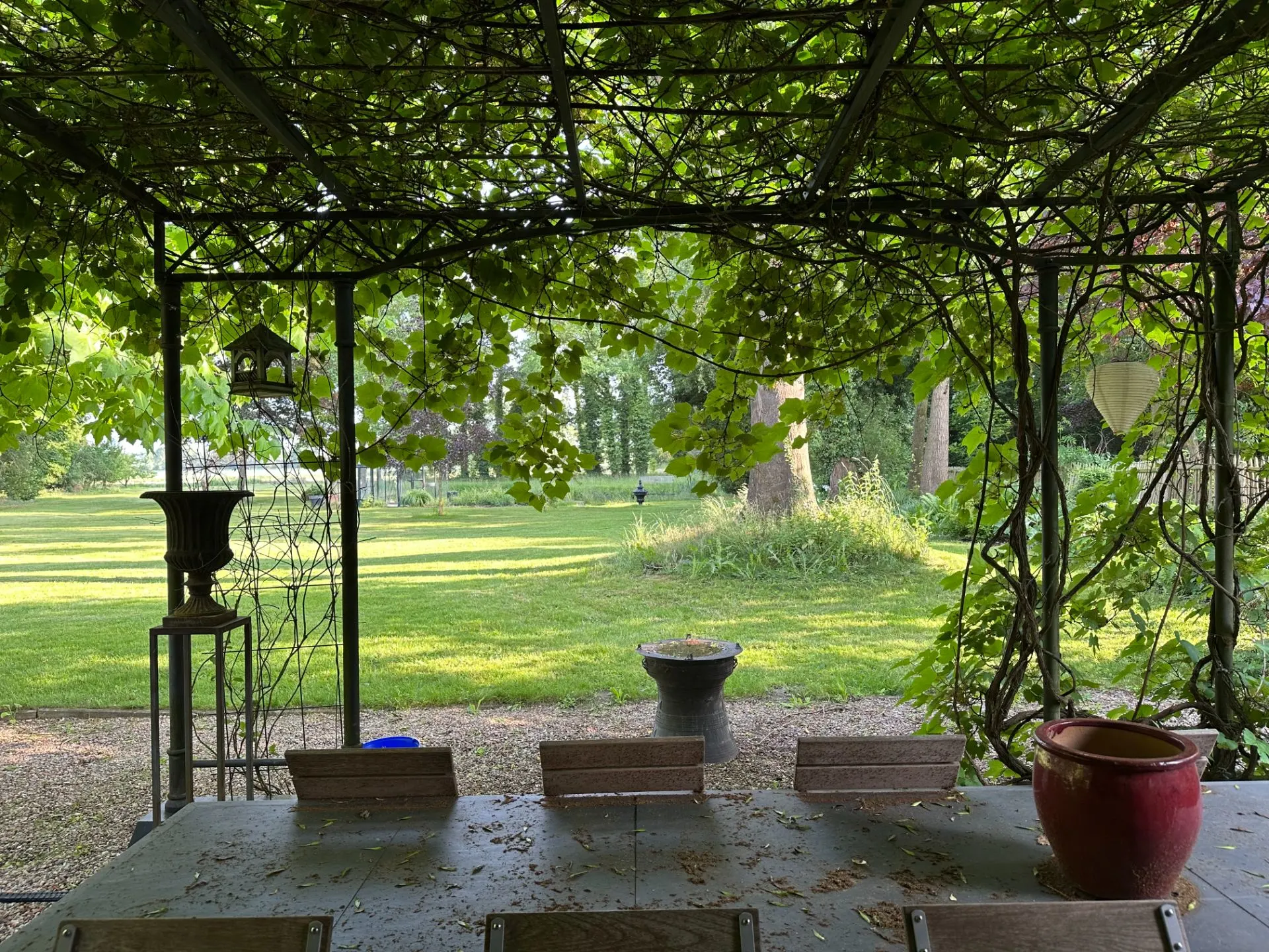 Überdachte Terrasse mit Tisch und Stühlen, Blick auf grünen Garten mit Bäumen.