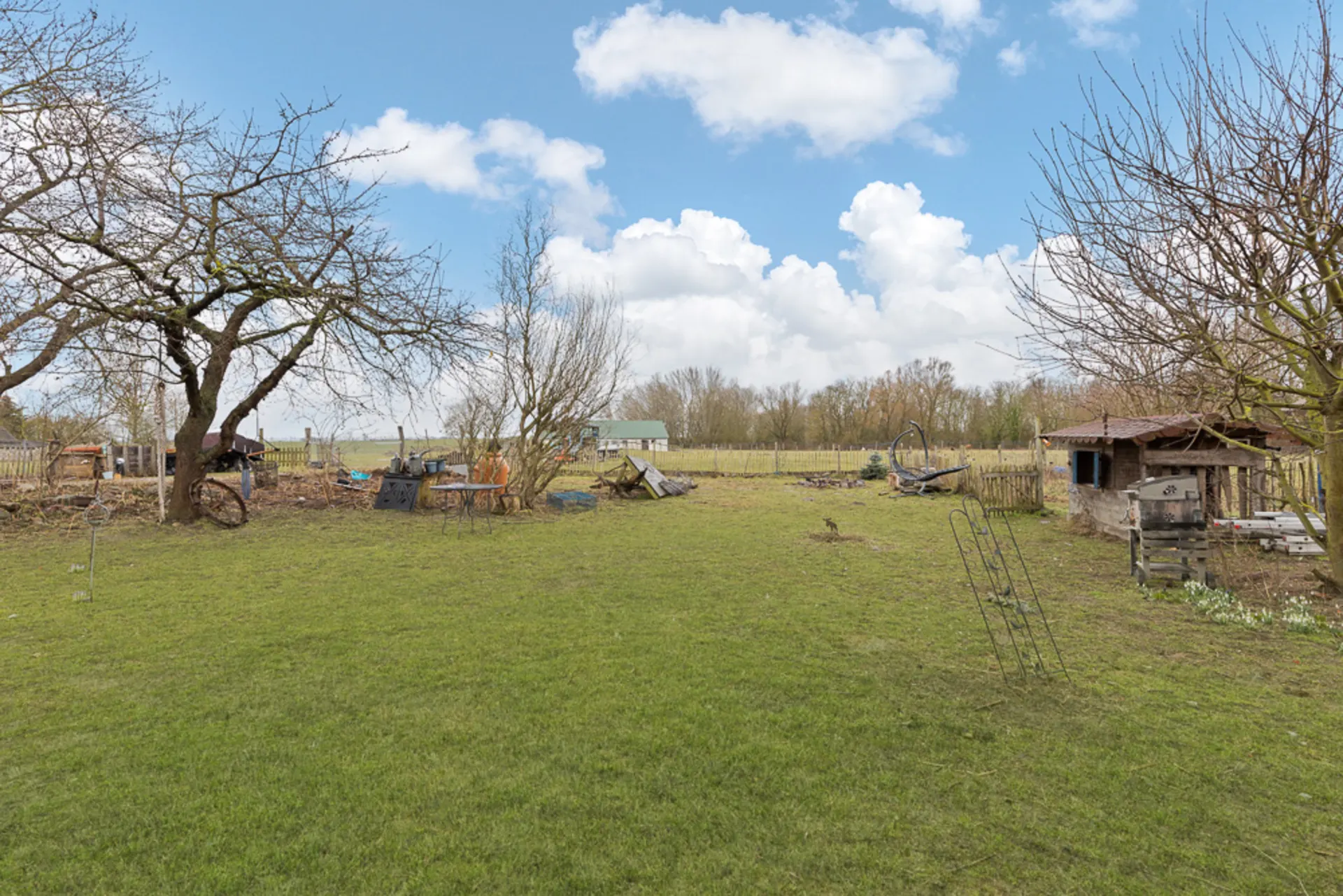 Großer Garten mit Bäumen, Rasenfläche, Schuppen und Gartenmöbeln bei bewölktem Himmel.