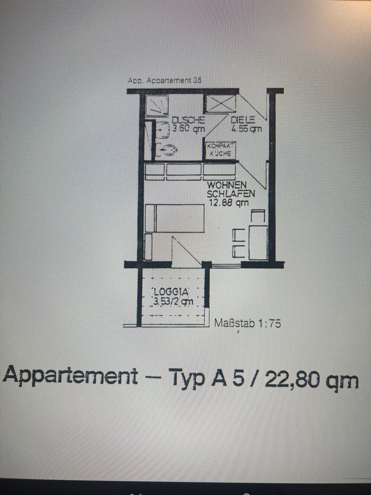 Grundriss einer kleinen Wohnung mit Bad, Küche, Wohn-Schlafbereich und Loggia.