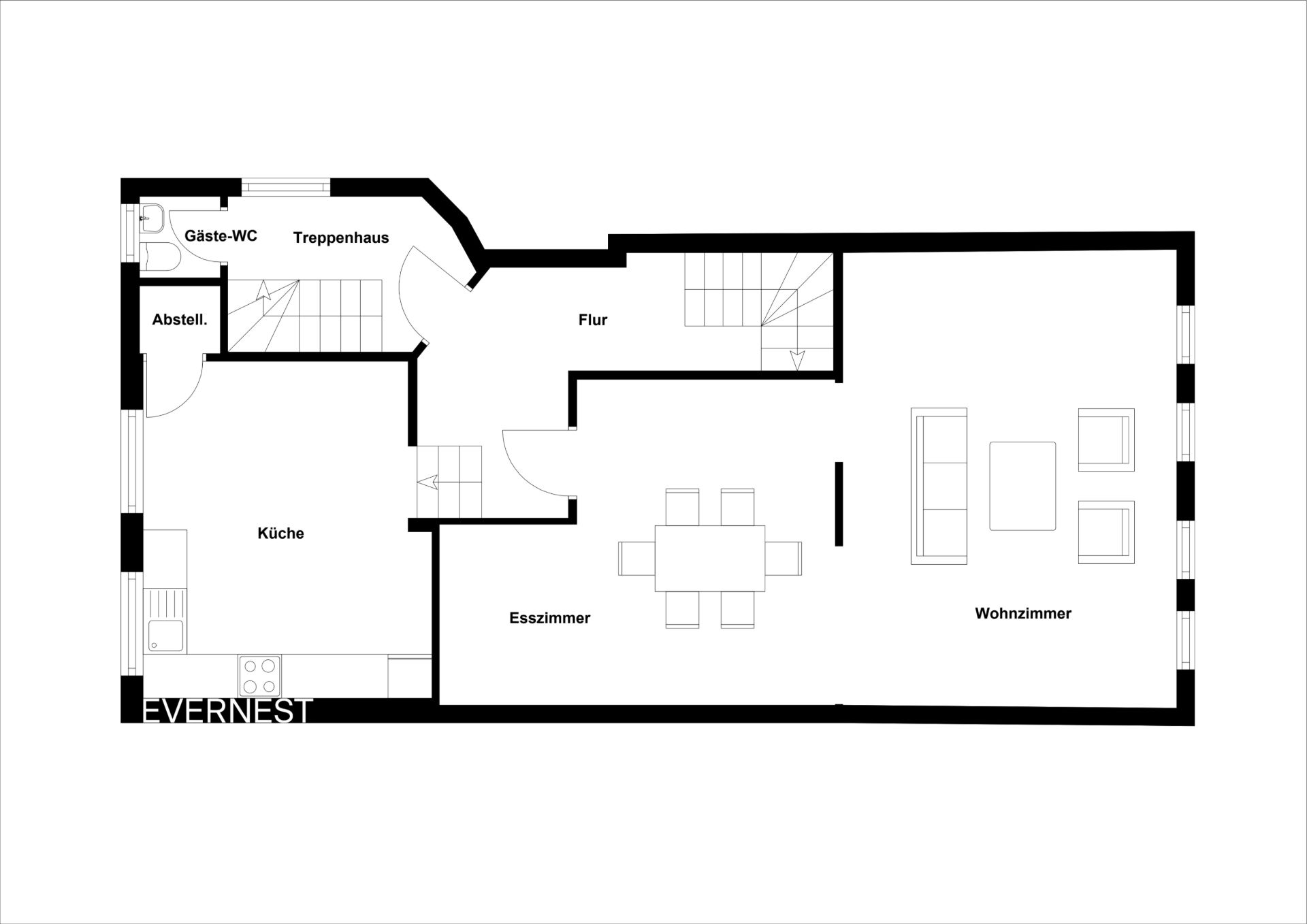 Grundriss mit Küche, Esszimmer, Wohnzimmer, Gäste-WC, Abstellraum, Flur und Treppenhaus.