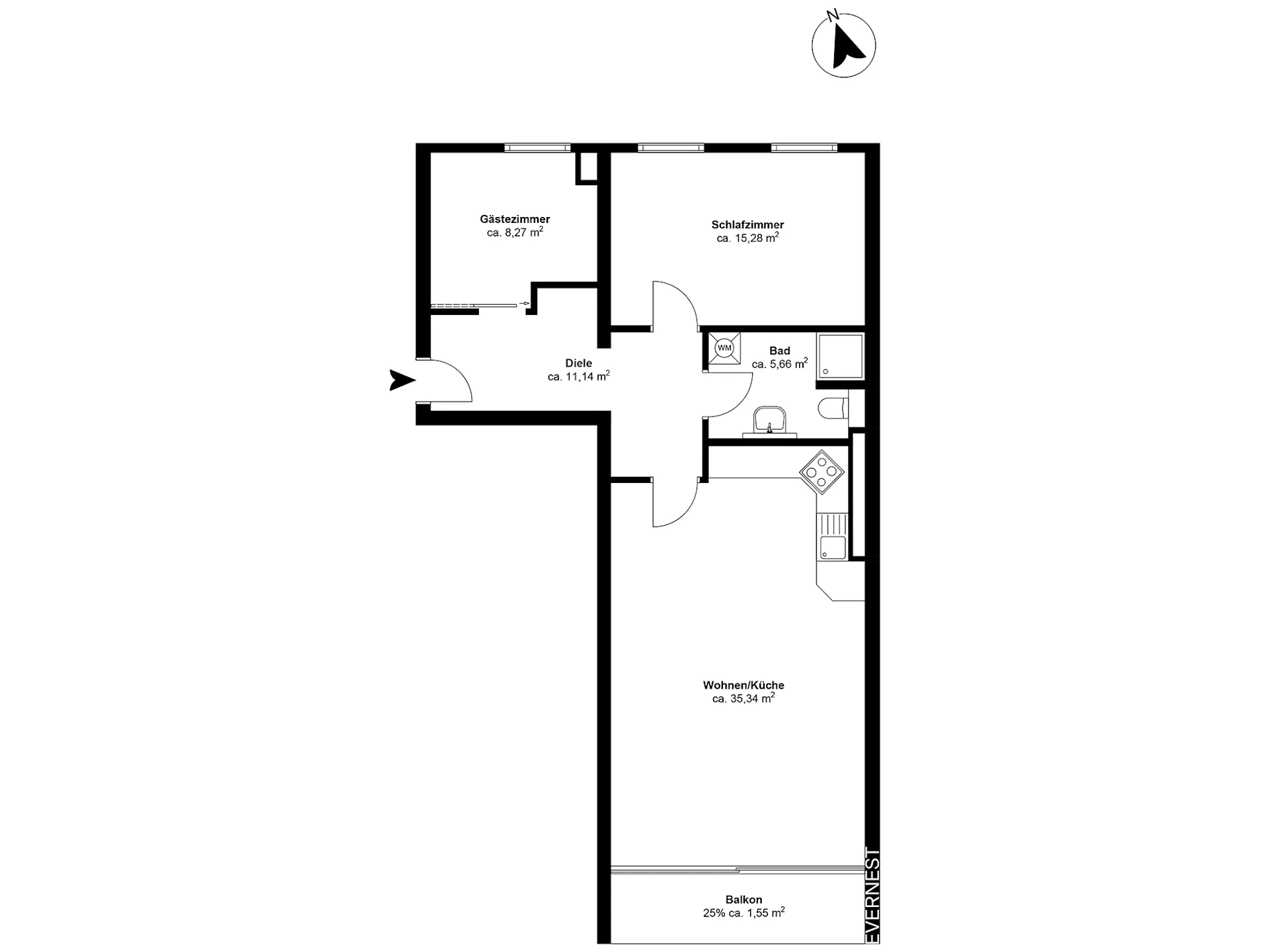 Grundriss einer Wohnung mit Schlafzimmer, Gästezimmer, Bad, Wohnküche und Balkon.