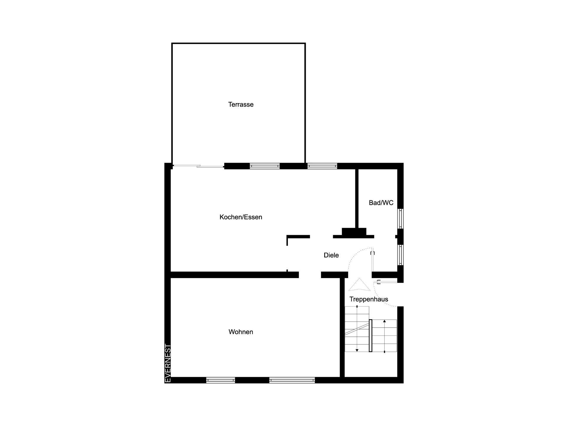 Grundriss mit Terrasse, Wohnbereich, Küche/Essen, Bad/WC, Diele und Treppenhaus.