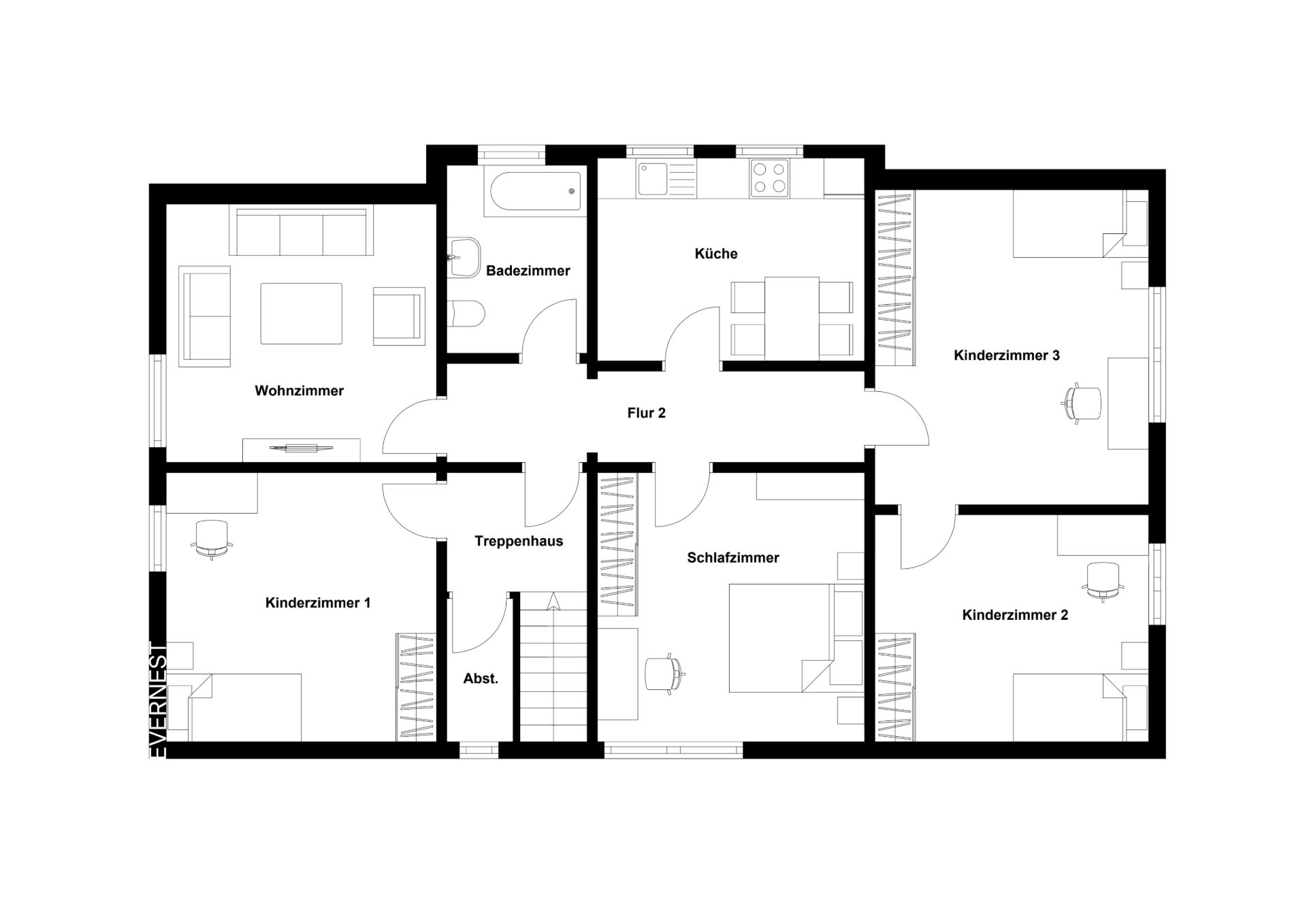 Grundriss einer Wohnung mit Wohnzimmer, Küche, Bad, Schlafzimmer und drei Kinderzimmern.