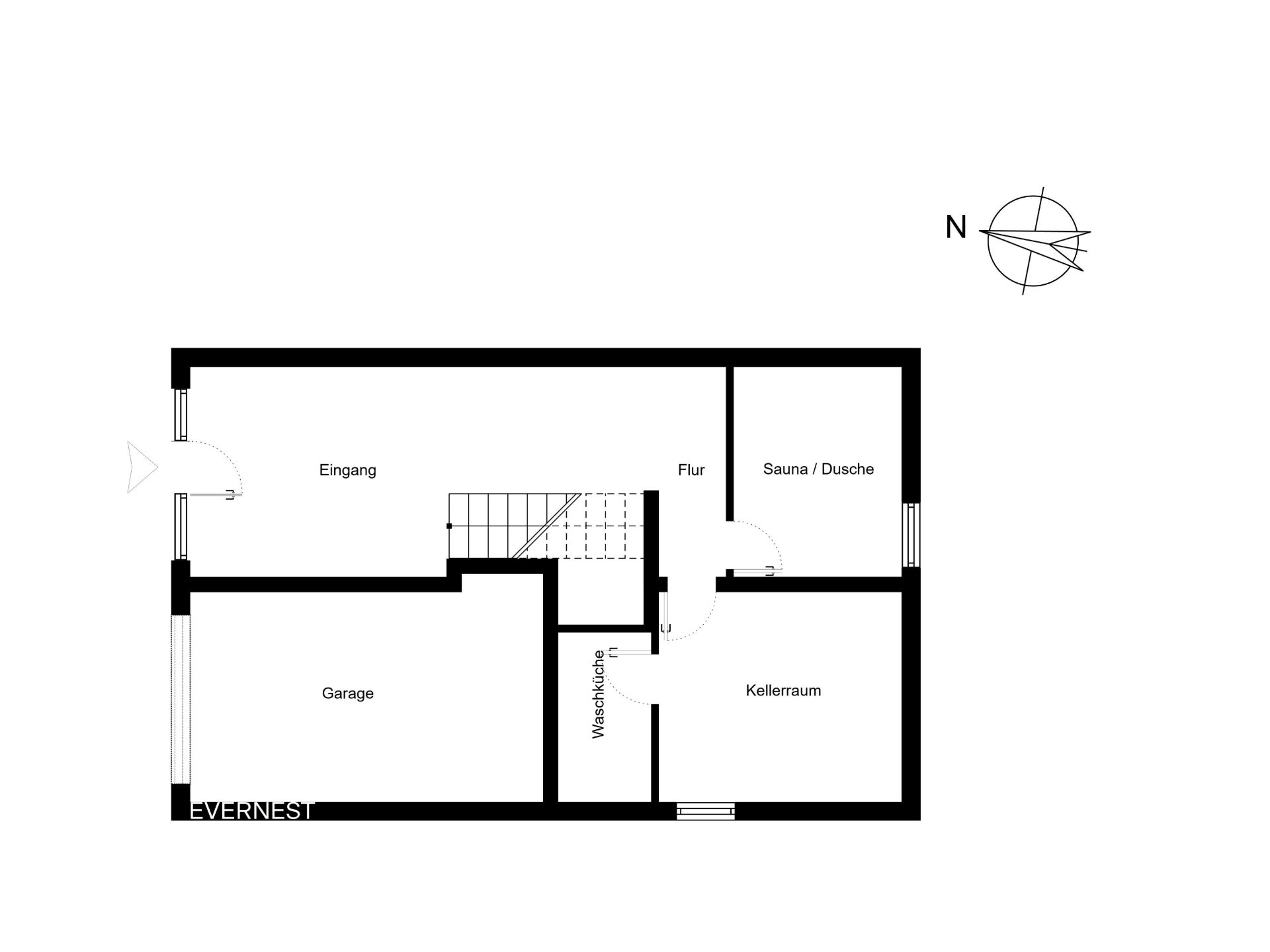 Grundriss eines Kellers mit Garage, Waschraum, Flur, Sauna/Dusche und Kellerraum.